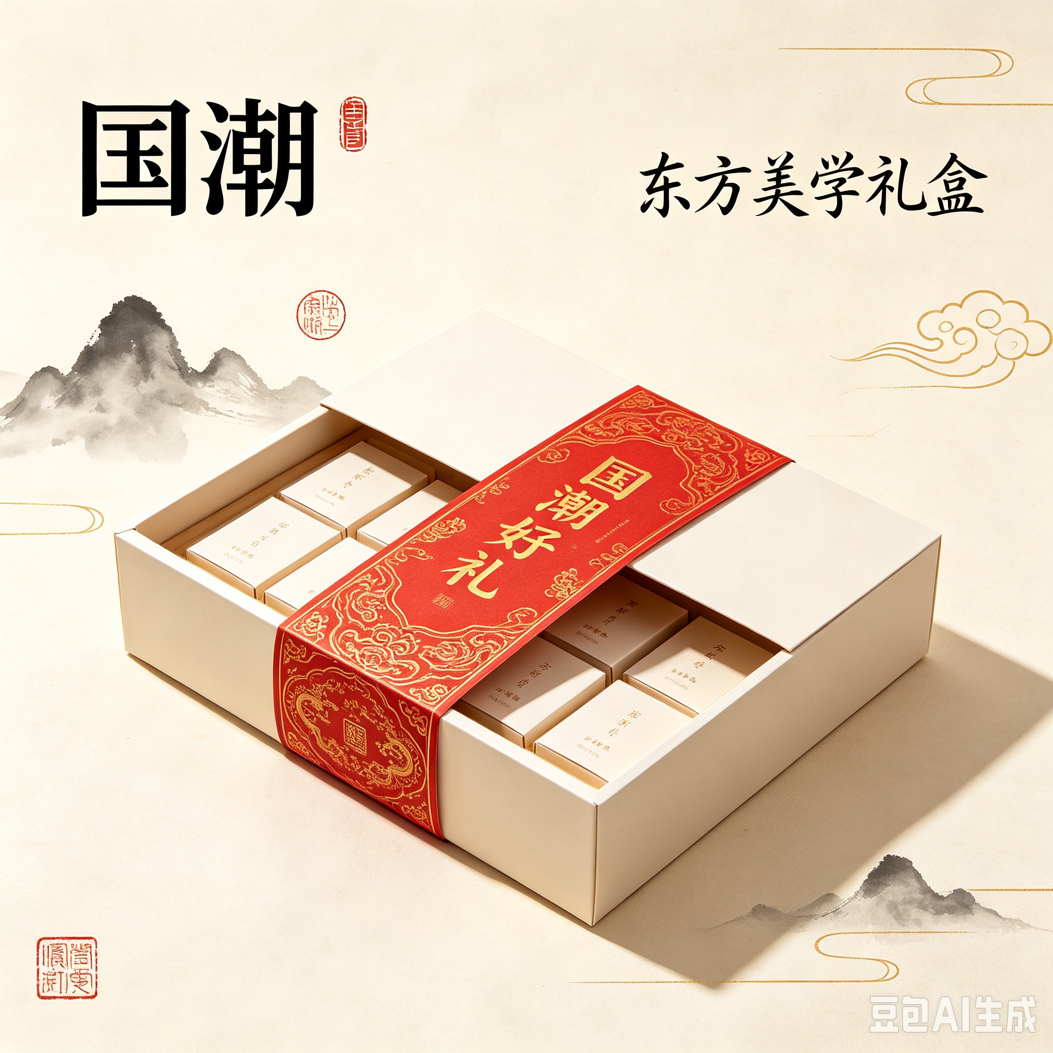 Beige Oriental aesthetic wedding candy gift packaging box, red dragon-patterned ribbon multi-compartment compartments, ink-wash auspicious cloud decoration 09