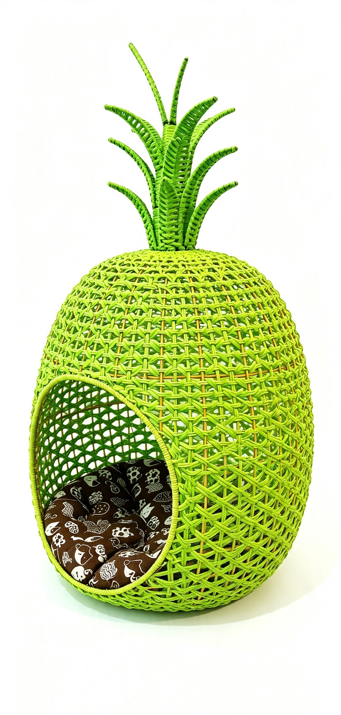 Green woven pineapple-shaped pet bed with brown cartoon pads, rattan woven cat and dog beds, pet supplies, cat beds, dog beds, pet beds, cat cages, pet beds Item Picture