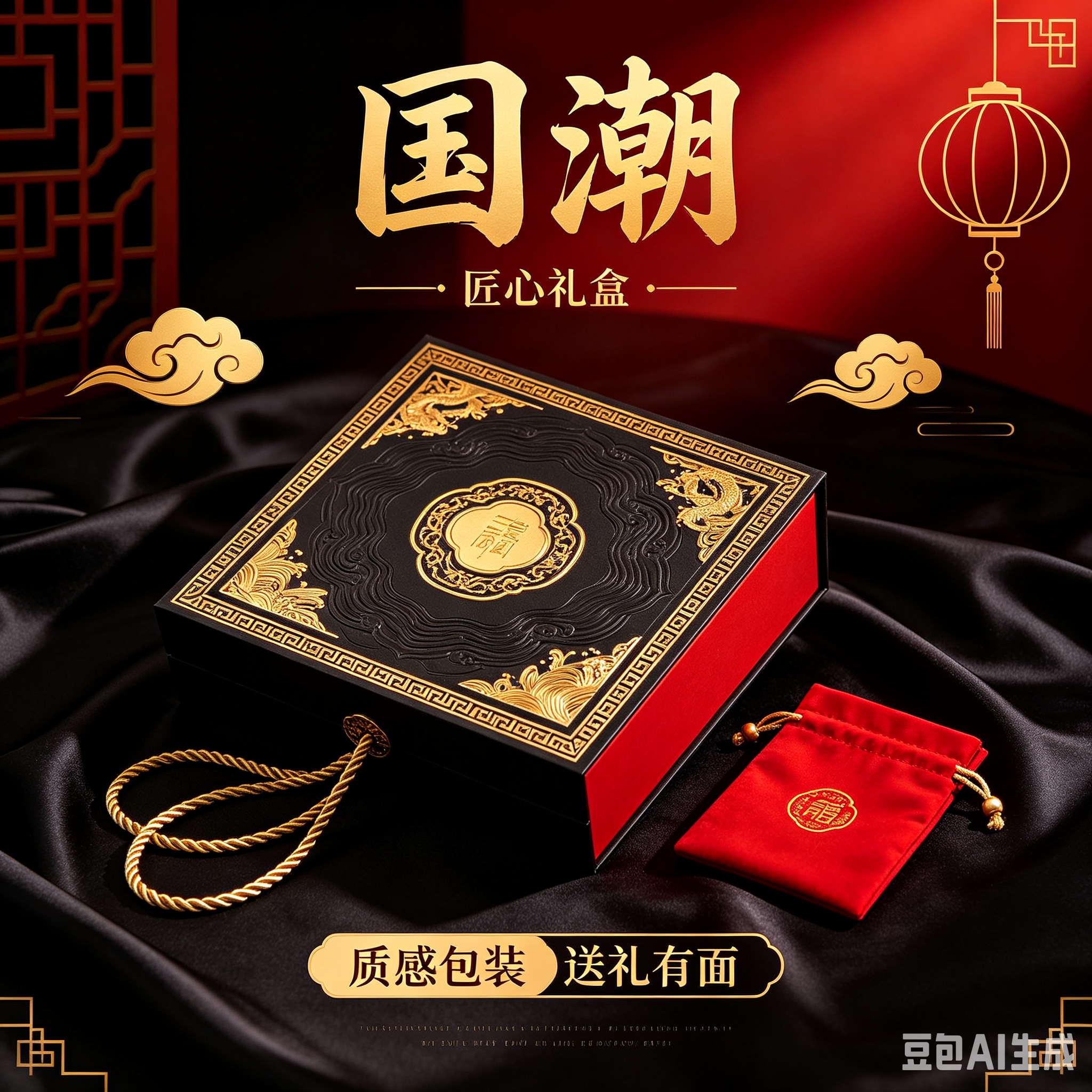 The black gold pattern dragon pattern gift box set with a red inner lining, gold rope handle and red velvet bag is suitable as a beautiful gift. Gift set 08