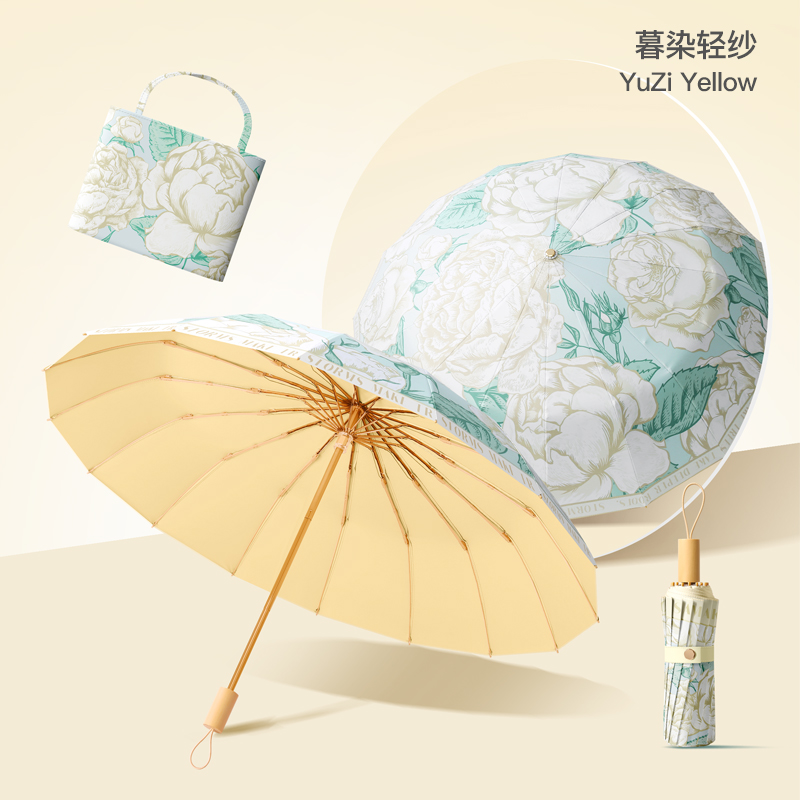 Hengescudo 16 huesos viento nacional pintura al óleo flores de doble impresión sombrilla UPF50 + protección solar solar y lluvia con mango de madera de doble uso paraguas triple plegable arte y estilo retro hueso de oro reforzado resistente al viento paraguas plegable portátil details Picture