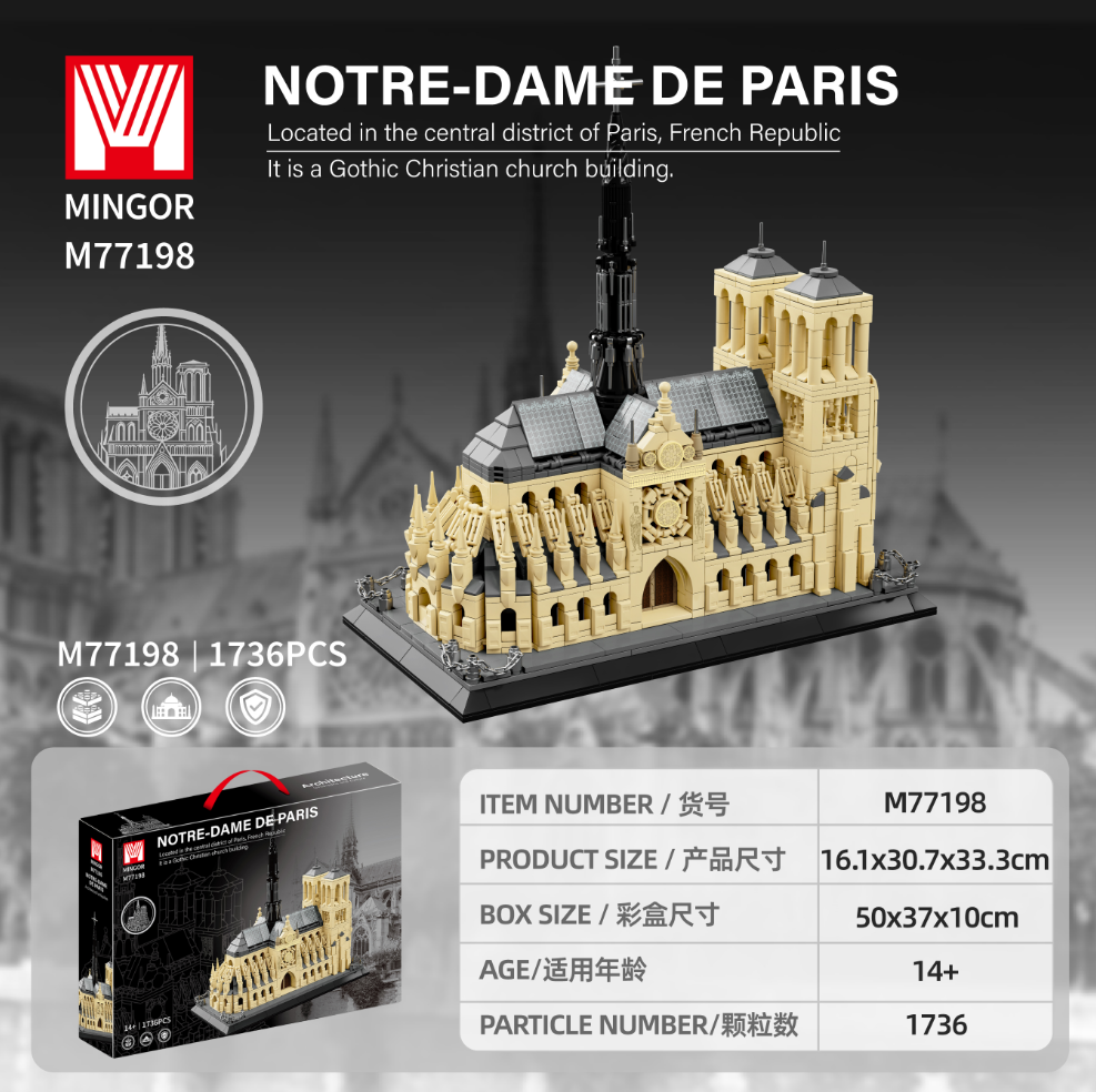 A national trend beige and black building block model of Notre-Dame de Paris, a wooden assembly toy, a thousand-year falcon sand table, and a mobile house display item