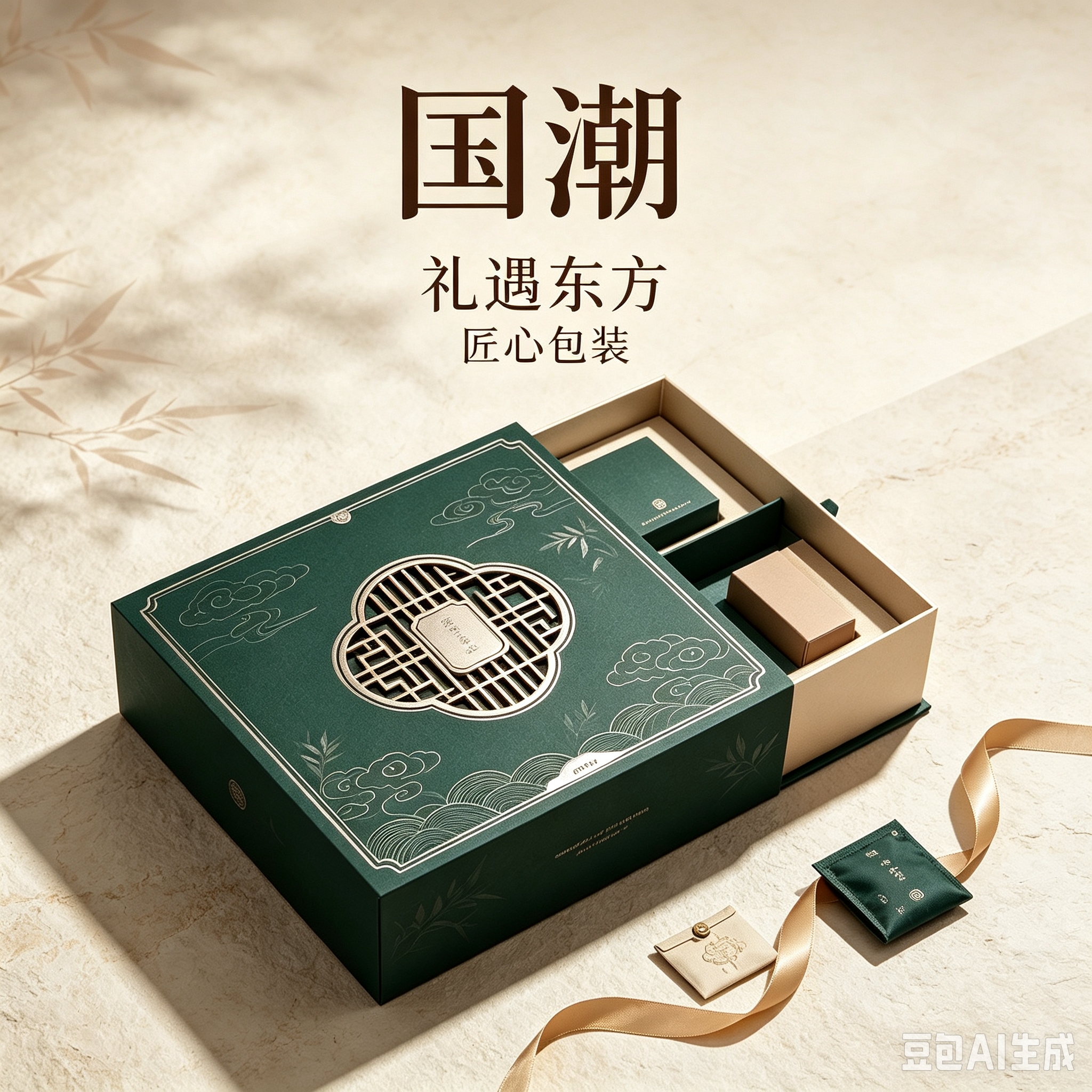 Dark green national trend gift box, beauty baby gift packaging, 3D stereoscopic greeting card, Mother's Day beauty gift box, selected gifts 05