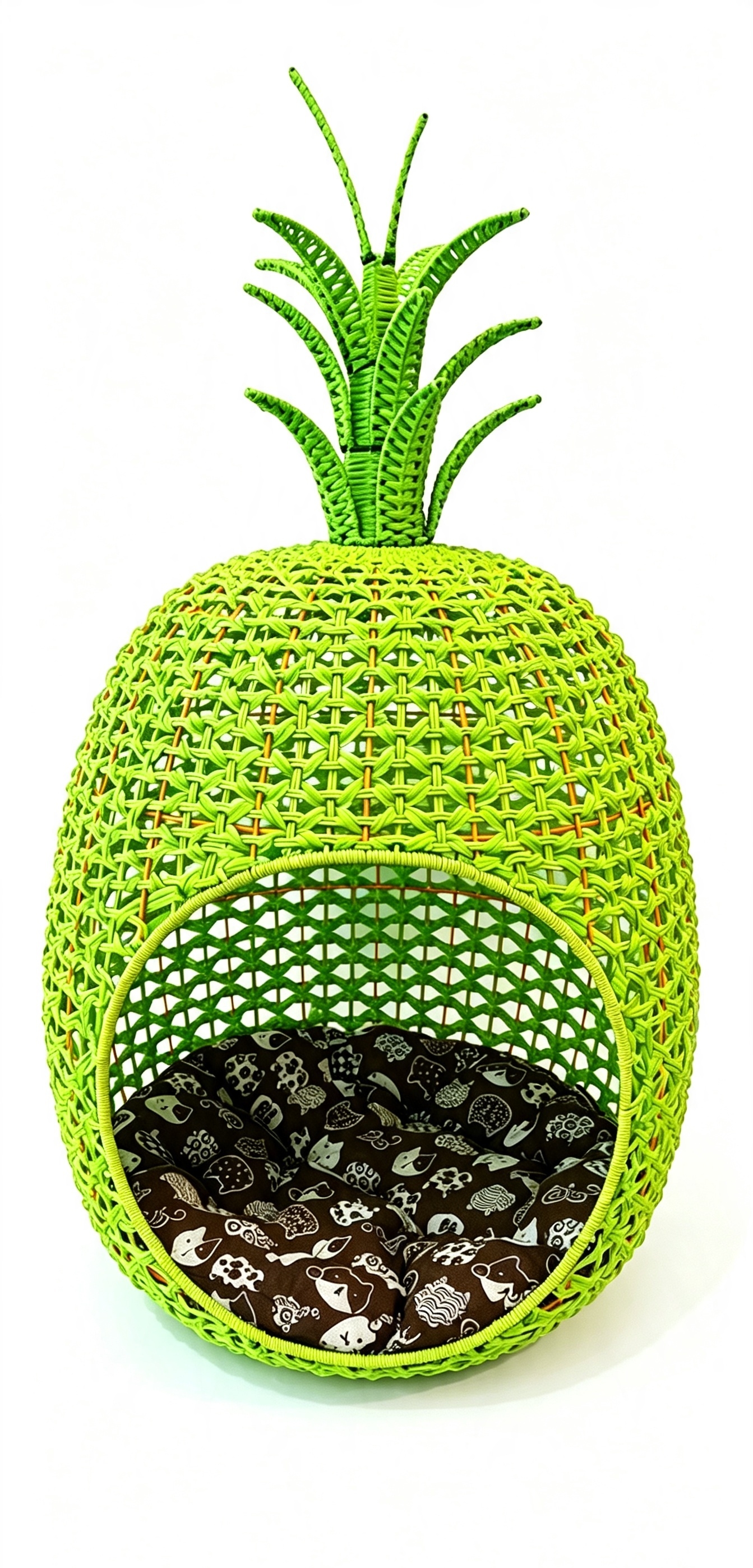 Green woven pineapple-shaped pet bed with brown cartoon pads, rattan woven cat and dog beds, pet supplies, cat beds, dog beds, pet beds, cat cages, pet beds details Picture