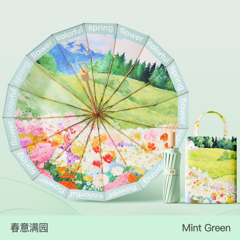 Hengshion 16 huesos pintura ilustración paraguas soleado UPF50 + alta protección solar paraguas triple plegable mango de tronco oro hueso reforzado viento nacional pintura al óleo paraguas plegable floral a juego del mismo color bolsa de mano paraguas de regalo Item Picture