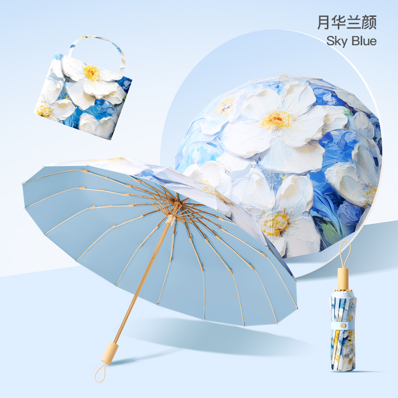 Hengescudo 16 huesos viento nacional pintura al óleo flores de doble impresión sombrilla UPF50 + protección solar solar y lluvia con mango de madera de doble uso paraguas triple plegable arte y estilo retro hueso de oro reforzado resistente al viento paraguas plegable portátil Item Picture
