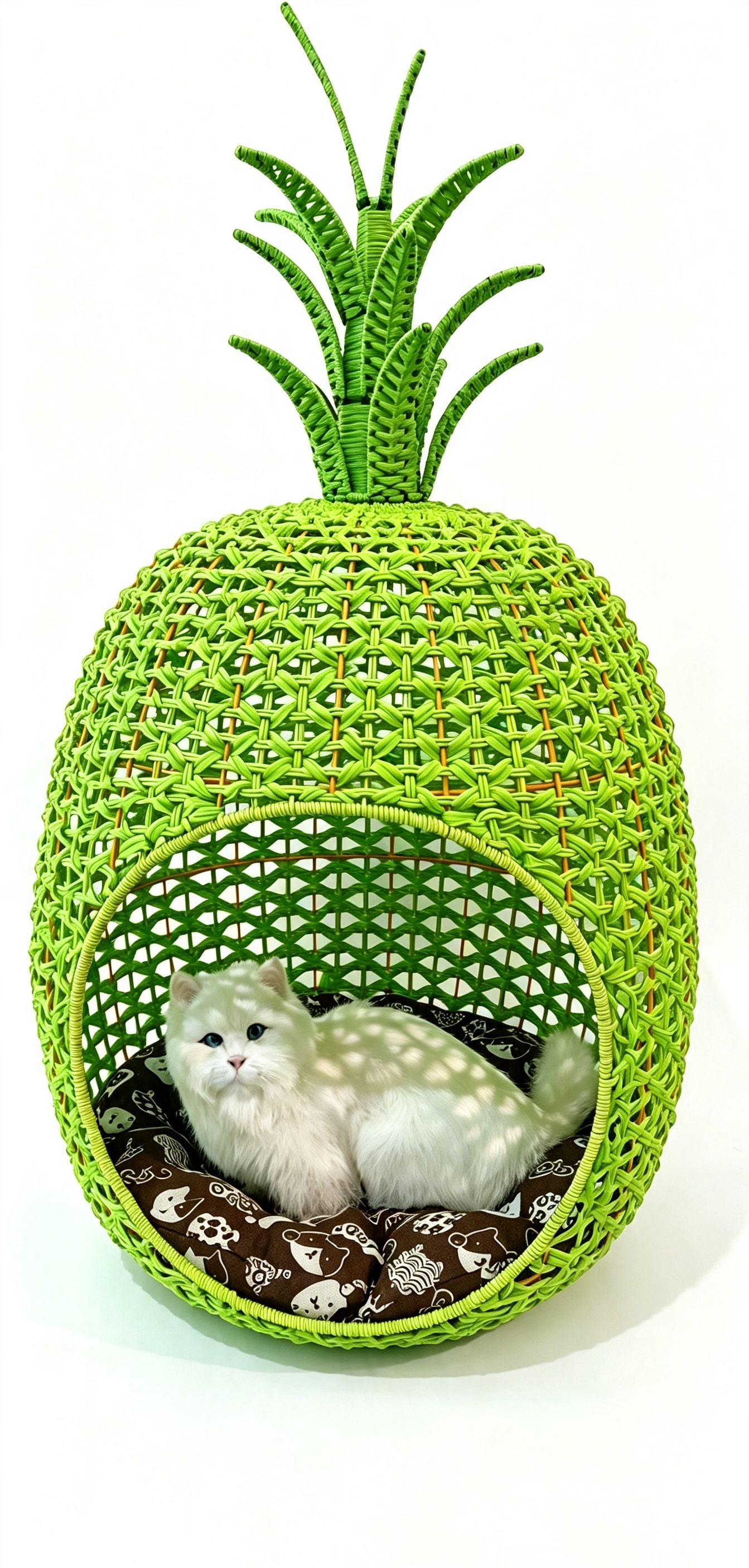 Green woven pineapple-shaped pet bed with brown cartoon pads, rattan woven cat and dog beds, pet supplies, cat beds, dog beds, pet beds, cat cages, pet beds Specification image