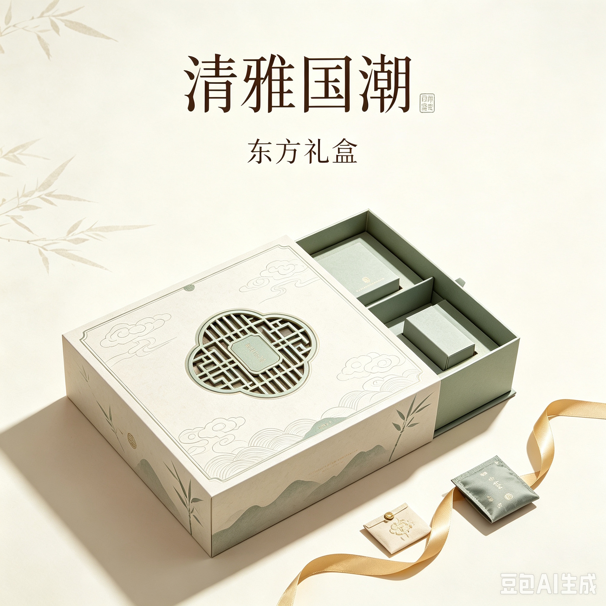 Oriental style light green beige gift box, cloud-patterned bamboo leaf traditional window lattice decoration, festival tea and snack packaging, hand-held takeout bag, paper gift box 07