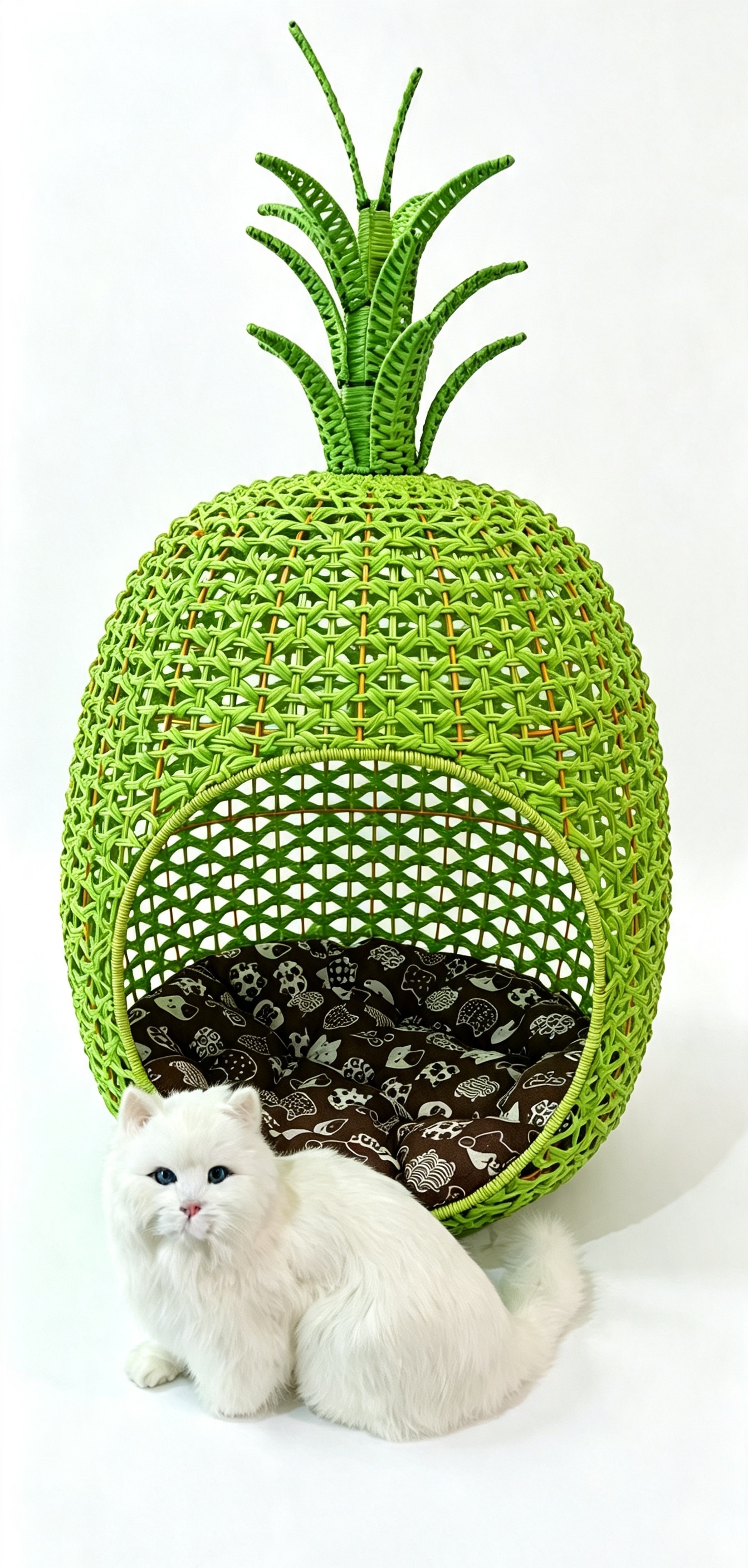 Green woven pineapple-shaped pet bed with brown cartoon pads, rattan woven cat and dog beds, pet supplies, cat beds, dog beds, pet beds, cat cages, pet beds Application Scenario
