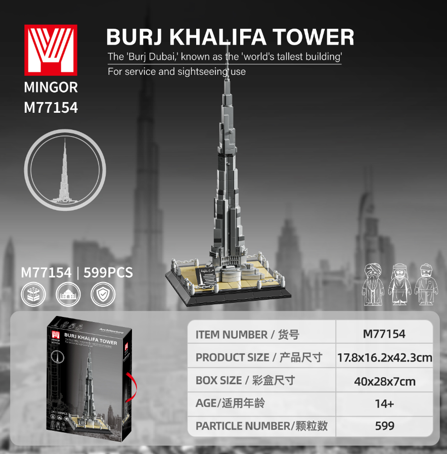A grey national trend skyscraper model, a wooden assembly toy, a thousand-year falcon sand table, a mobile activity house, and creative decoration
