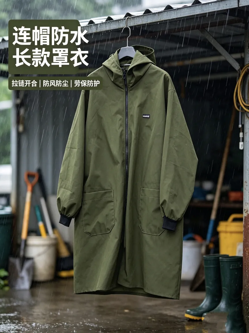Military green hooded waterproof long cover-up with zipper opening and closing, double side pockets, adult kitchen cleaning, factory moving, dust-proof labor protection work clothes, military green hooded waterproof cover-up, long zipper dust-proof apron detail image 5