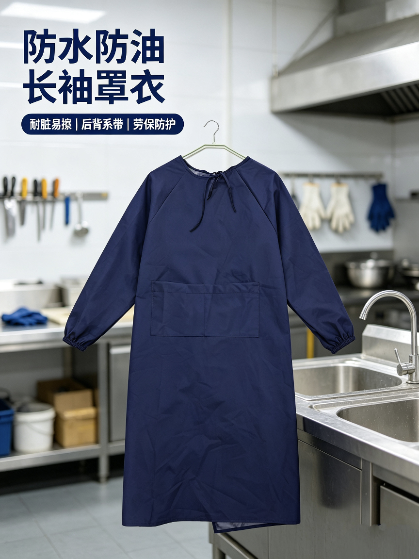 Adult waterproof and oil-proof long-sleeved cover-up with elastic cuffs on the back, factory workshop, kitchen, household cleaning, labor protection, dust-proof and protective work clothes detail image 2