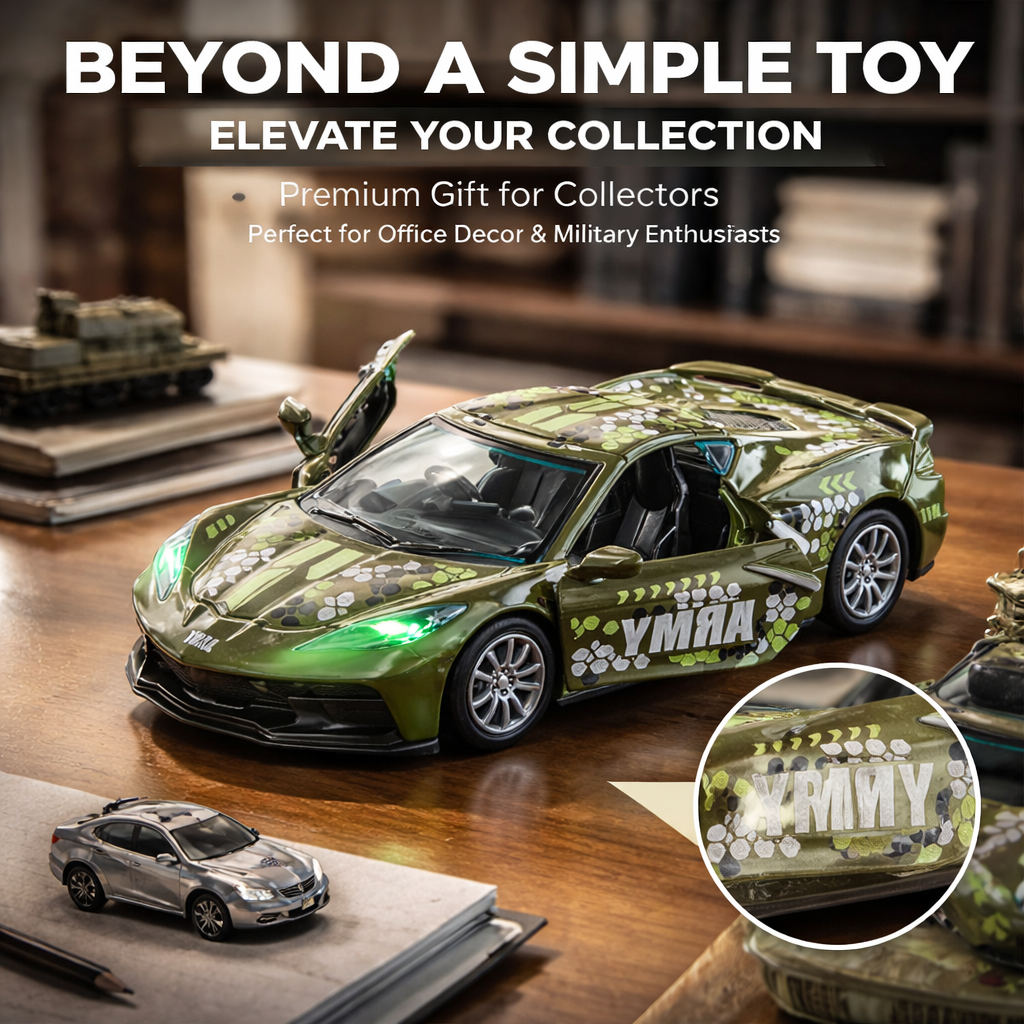 1:32 alloy car C8 with camouflage, door opening, rebound, lighting, music, as a gift for collection details Picture