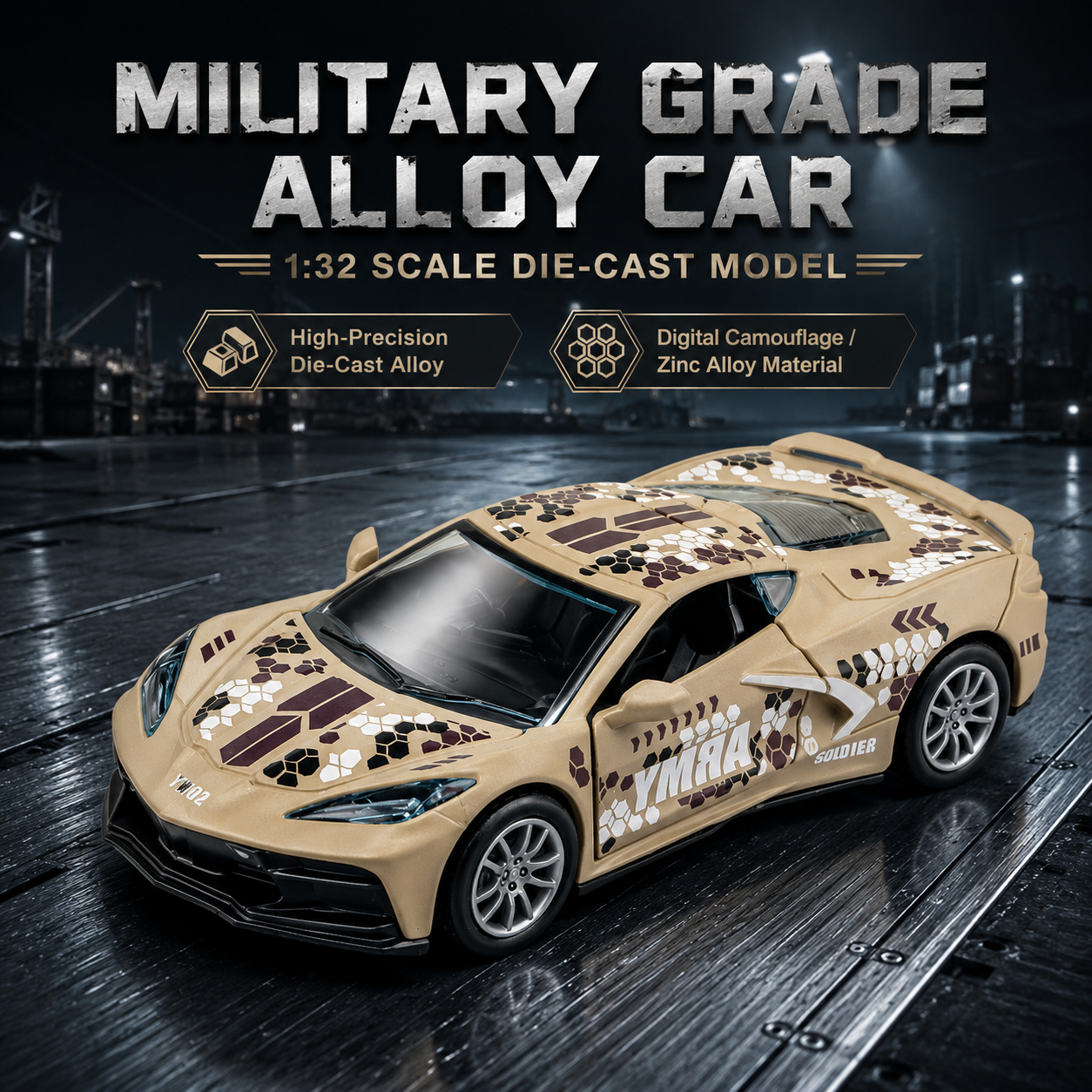 1:32 alloy car C8 with camouflage, door opening, rebound, lighting, music, as a gift for collection