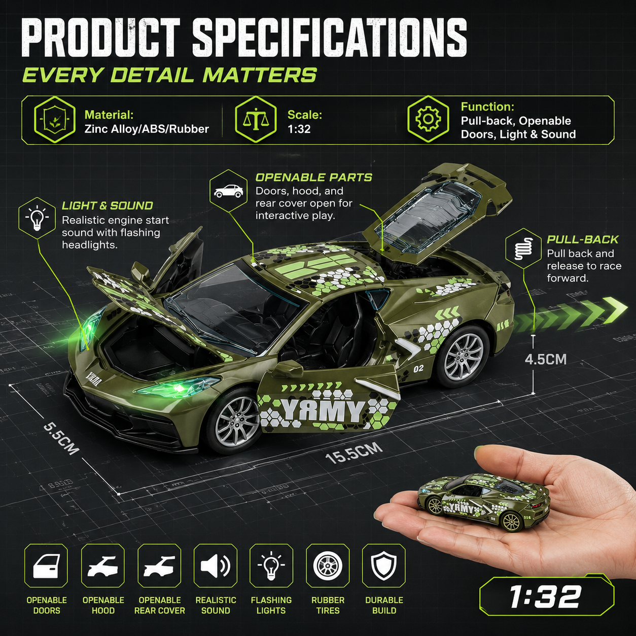 1:32 alloy car C8 with camouflage, door opening, rebound, lighting, music, as a gift for collection Item Picture