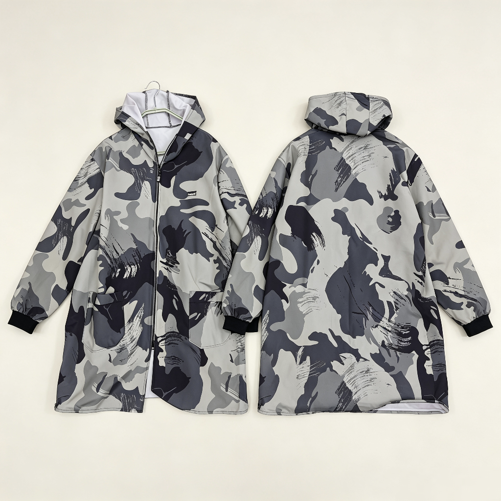 Adult gray and black camouflage hooded waterproof cover, zipper style household oil-proof work clothes, large pockets, wear-resistant and dust-proof, household work labor protection coat, gray and black camouflage hooded waterproof cover, adult zipper household work clothes, wear-resistant and oil-proof Item Picture