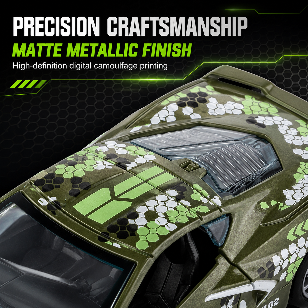 1:32 alloy car C8 with camouflage, door opening, rebound, lighting, music, as a gift for collection Specification image