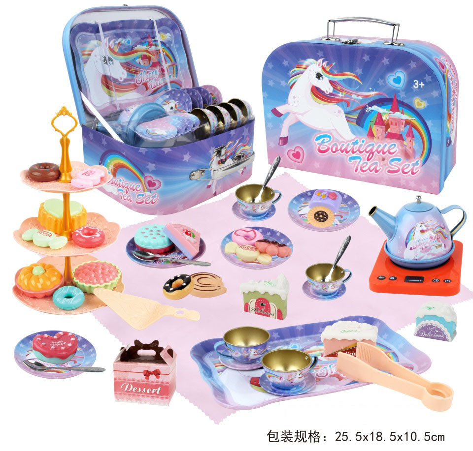 TE05144 Dreamy Unicorn Tin Handbag, Afternoon Tea Toy Set, Children's Simulated Teapot, Dessert Cake, Three-layer Pastry Stand, House Play Gift Box