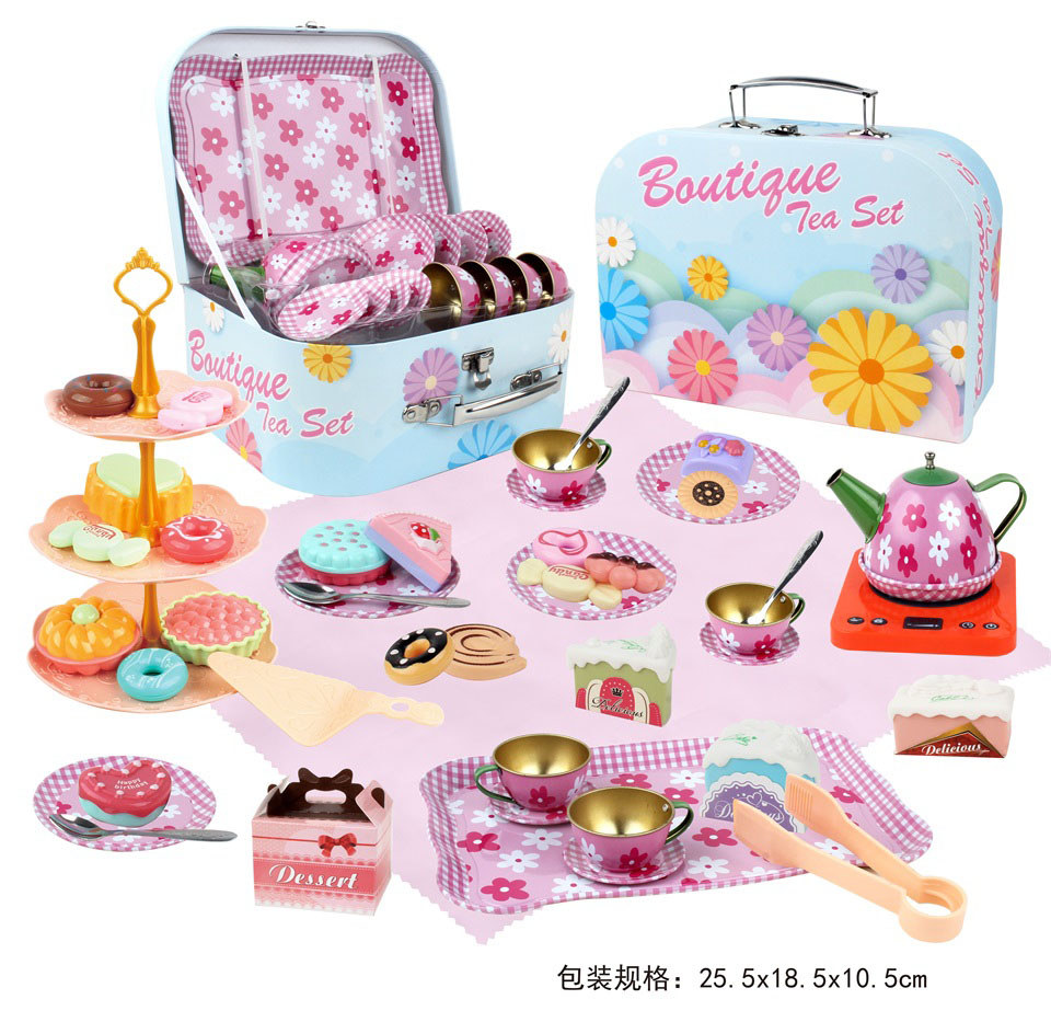 TE05142 Fresh Little Flower Pink Checkered Tin Handbag, Afternoon Tea Toy Set, Children's Simulated Teapot, Dessert, Three-layer Pastry Rack, House Play Gift Box