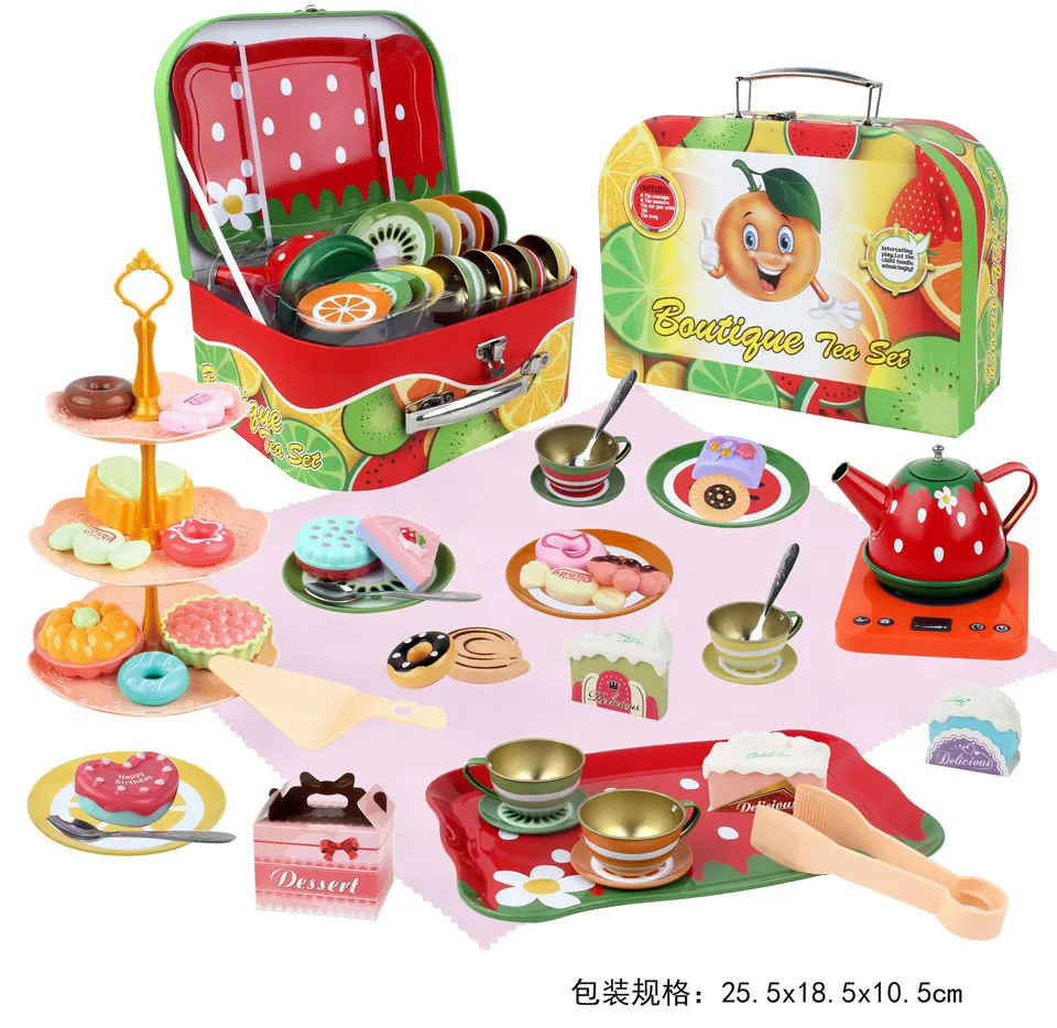 TE05140 Fresh Strawberry Fruit Tin Handbag, Afternoon Tea Toy Set, Children's Simulated Teapot, Dessert, Three-layer Pastry Rack, House Play Gift Box detail image 3