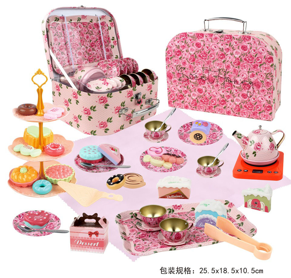 TE05141 Vintage Rose Floral Tin Handbag, Afternoon tea toy set, Children's simulated teapot, Dessert, three-layer pastry rack, House Play Gift box Item Picture