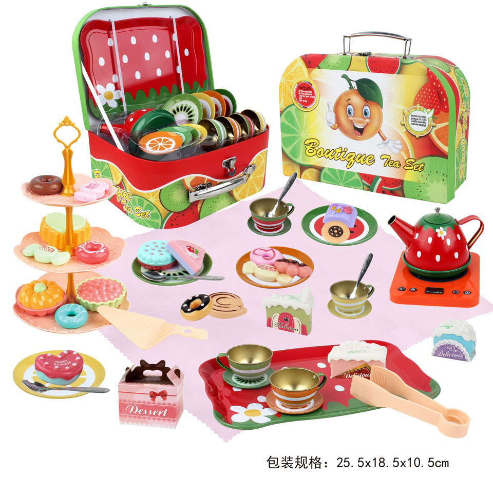 TE05140 Fresh Strawberry Fruit Tin Handbag, Afternoon Tea Toy Set, Children's Simulated Teapot, Dessert, Three-layer Pastry Rack, House Play Gift Box detail image 4
