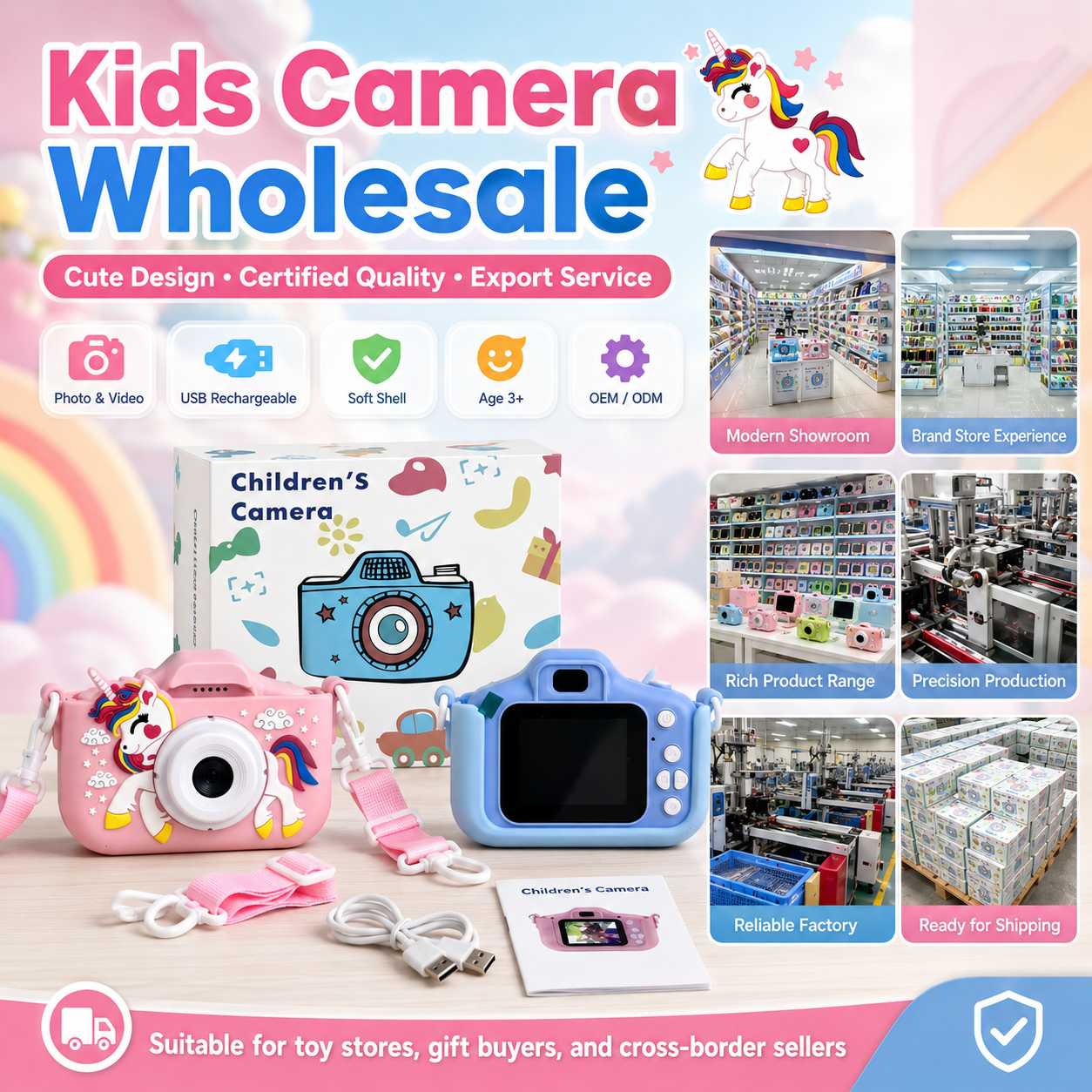 Comercio exterior venta caliente estilo unicornio niños pequeña cámara puede mezclar colores details Picture