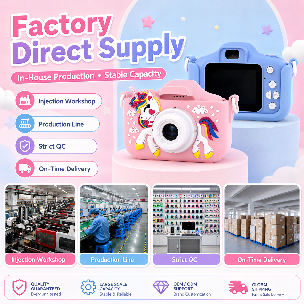 Comercio exterior venta caliente estilo unicornio niños pequeña cámara puede mezclar colores