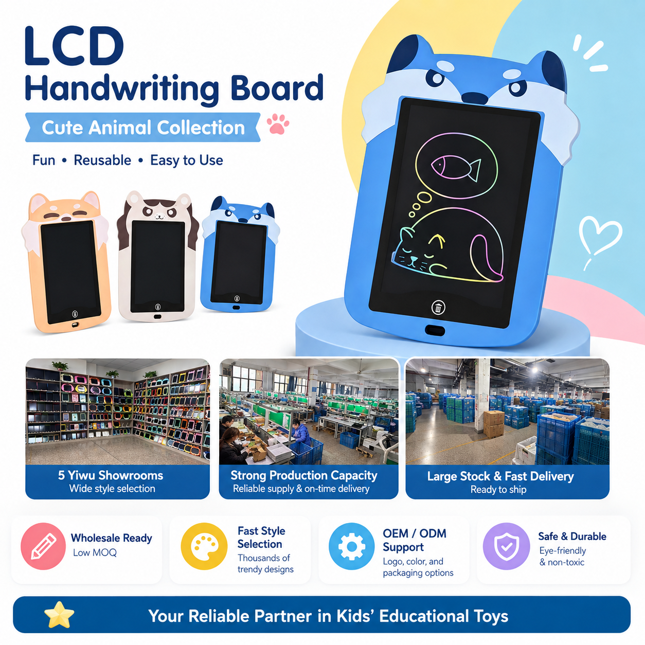 BB9008C factory direct supply cartoon LCD handwriting board, color LED writing board, children's electronic drawing board Item Picture