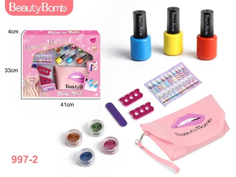 TM07108 Children's Three-Color washable Nail Polish Manicure Set, Storage makeup Bag, Multi-color flash Powder Manicure stickers, Girls' Beauty DIY House Play Gift Box
