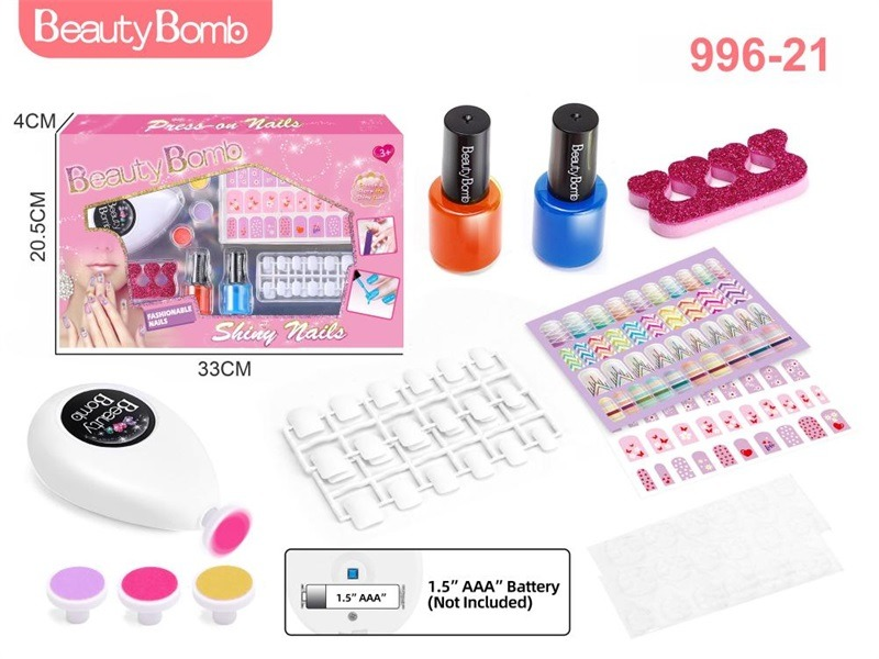 TM07104 Children's Flower Nail Art Hair Dryer Set, Two-Color washable Nail polish, Blank nail plate mold Printed Nail stickers, Girls' Beauty DIY Gift Box