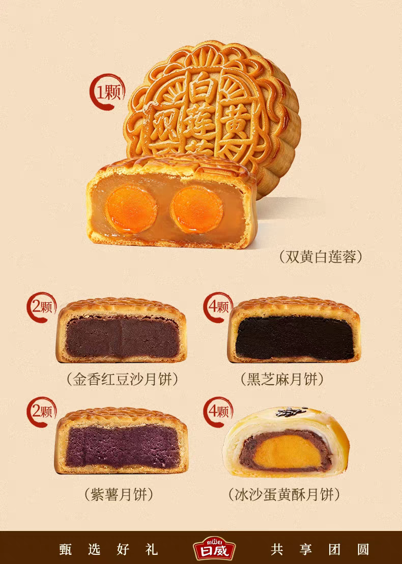 日威礼悦金秋中秋送礼中式糕点礼盒点心喜饼伴手礼广式台式苏式蛋黄莲蓉火腿月饼团购送礼多规格电商批发箱批量大下单请联系客服详情73