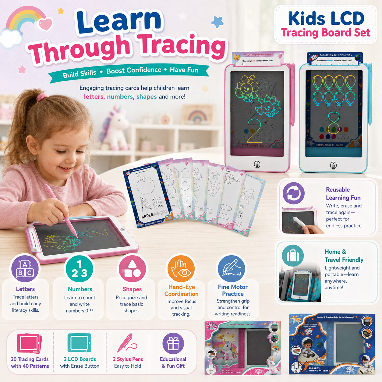 BB7502 Children's Early Education and Intelligence Development Set: Color Drawing Board, Unicorn Astronaut Writing Board with Picture Book details Picture