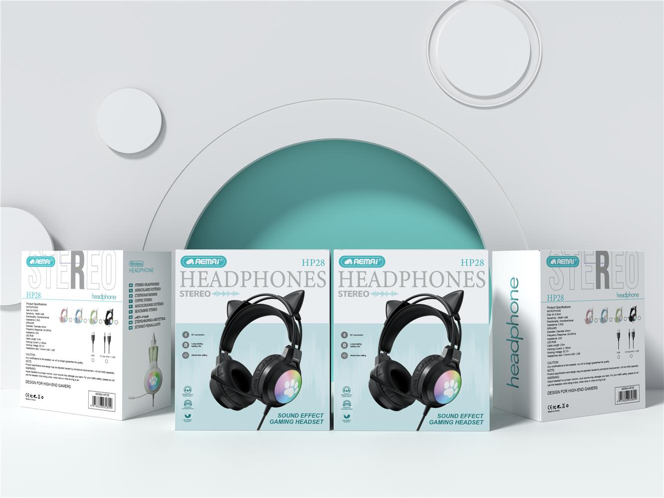 AEMAi-HP28 Over-ear Headphones, cute cat-ear gaming headphones, wired headphones