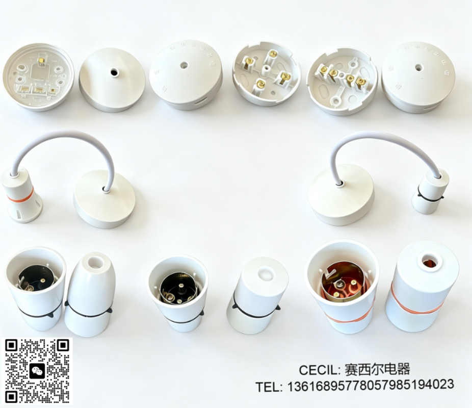 E27 plastic lamp socket, suspended screw-type lamp socket, engineering chandelier wiring lamp socket with base, flame-retardant lamp socket, e27 waterproof lamp socket details Picture