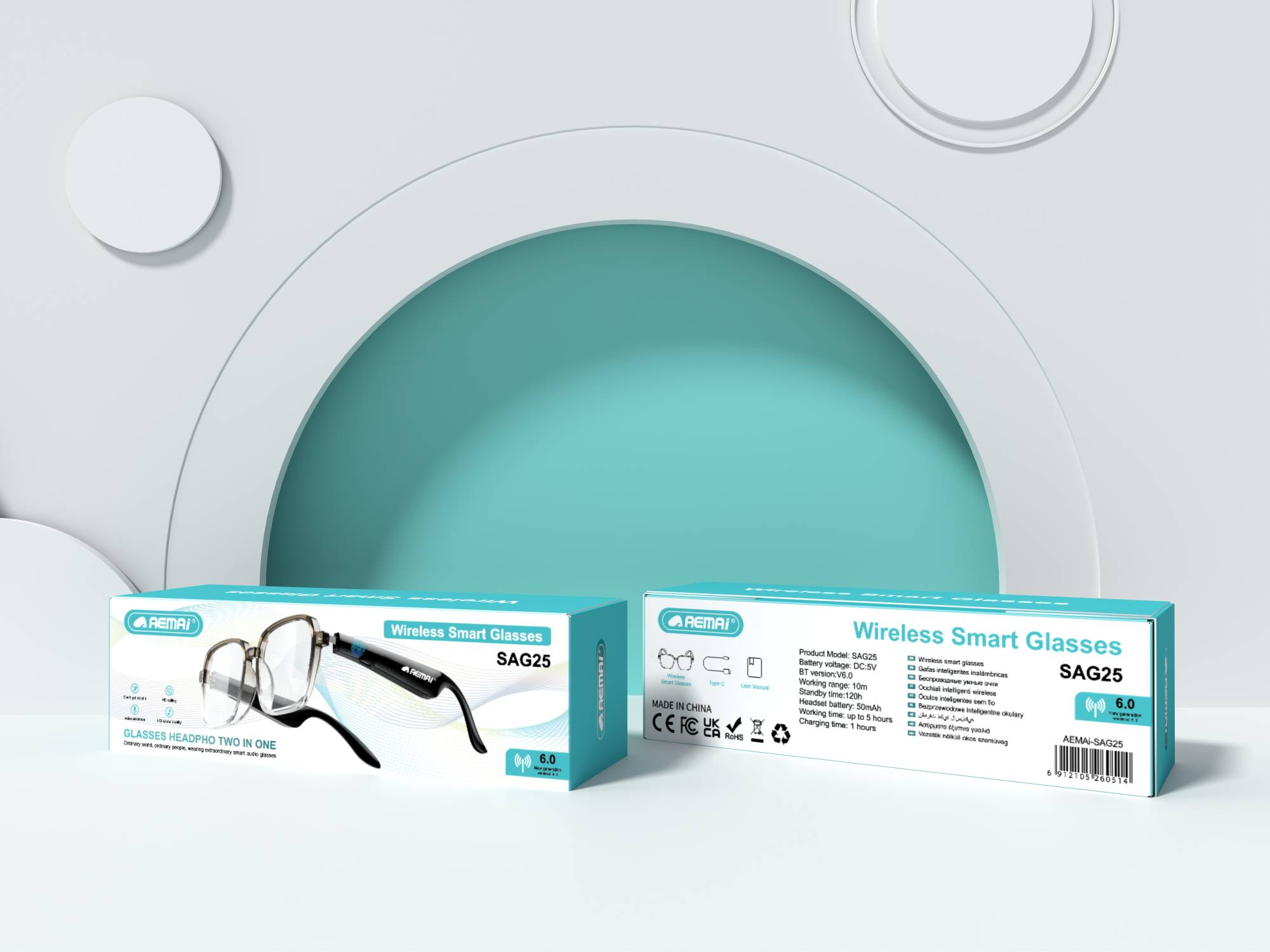 The AEMAi-SAG25 multi-functional smart translation glasses feature AI voice recognition and high-definition display, compatible with multiple devices