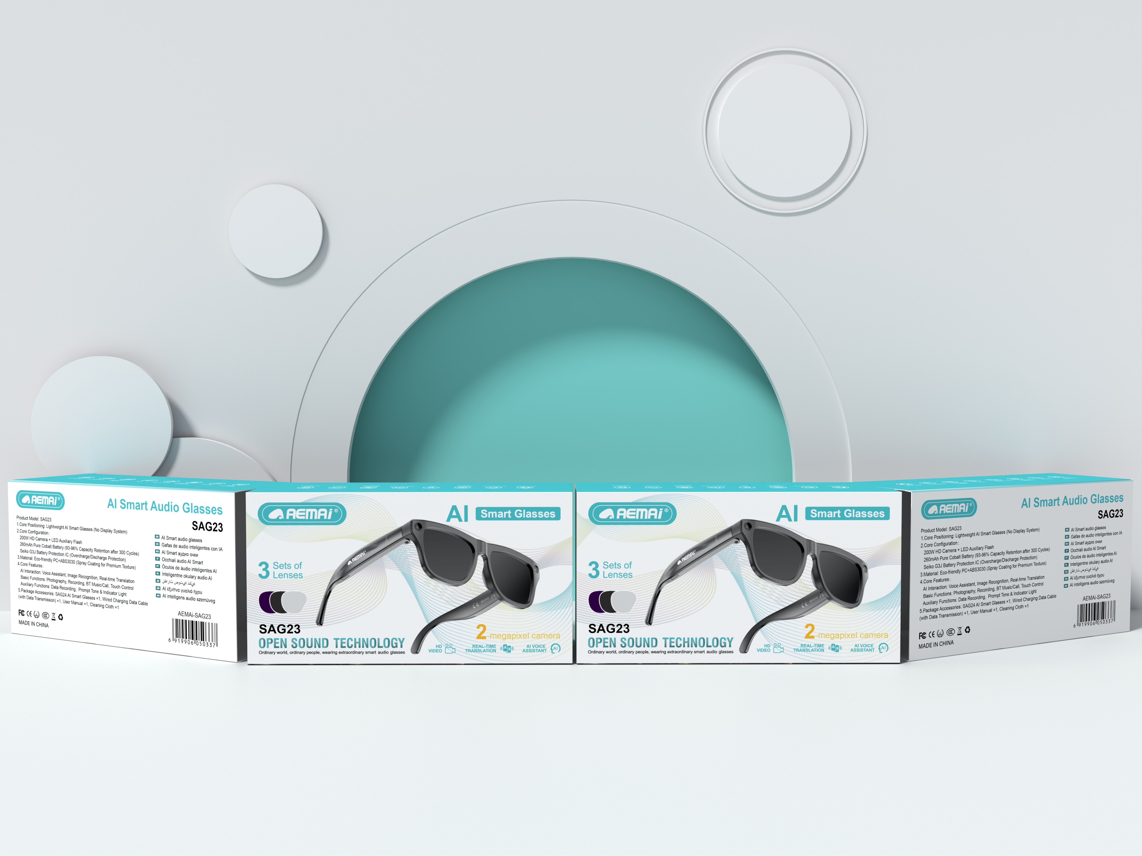 The AEMAi-SAG23 multi-functional smart translation glasses feature AI voice recognition and high-definition display, compatible with multiple devices