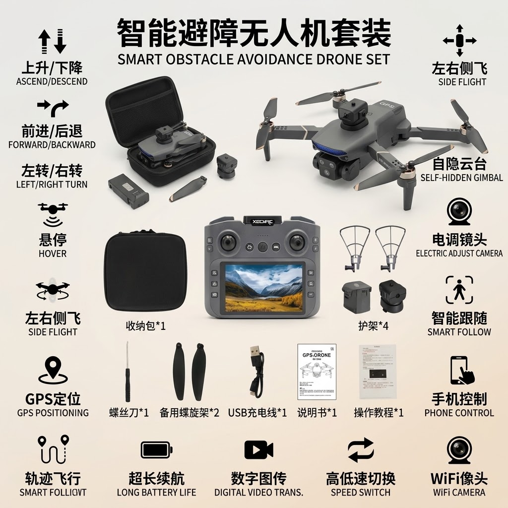 Toy drone grey folding remote control aircraft set, including camera storage bag, drone accessories, remote control aircraft equipment