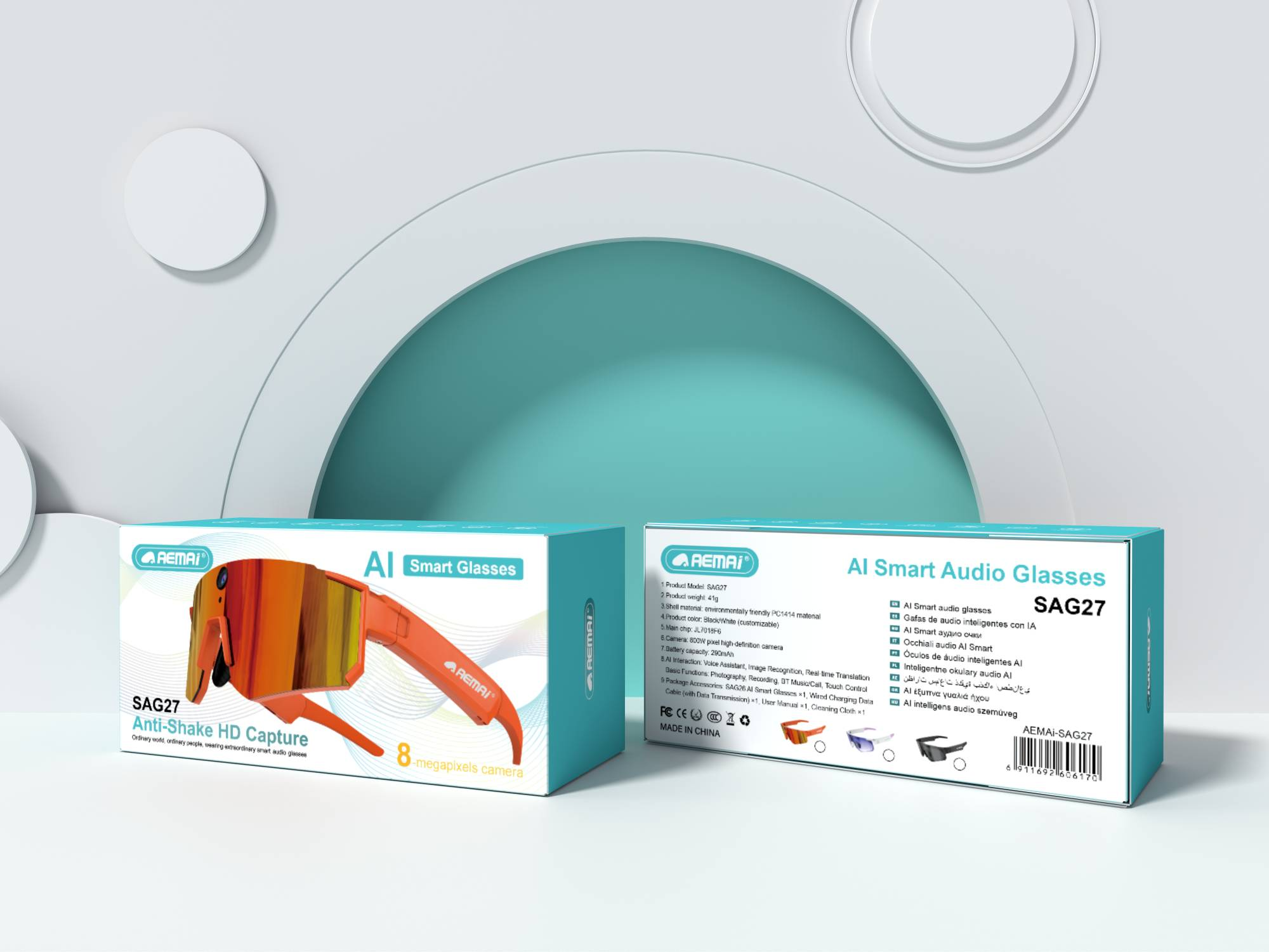 The AEMAi-SAG27 multi-functional smart translation glasses feature AI voice recognition and high-definition display, compatible with multiple devices