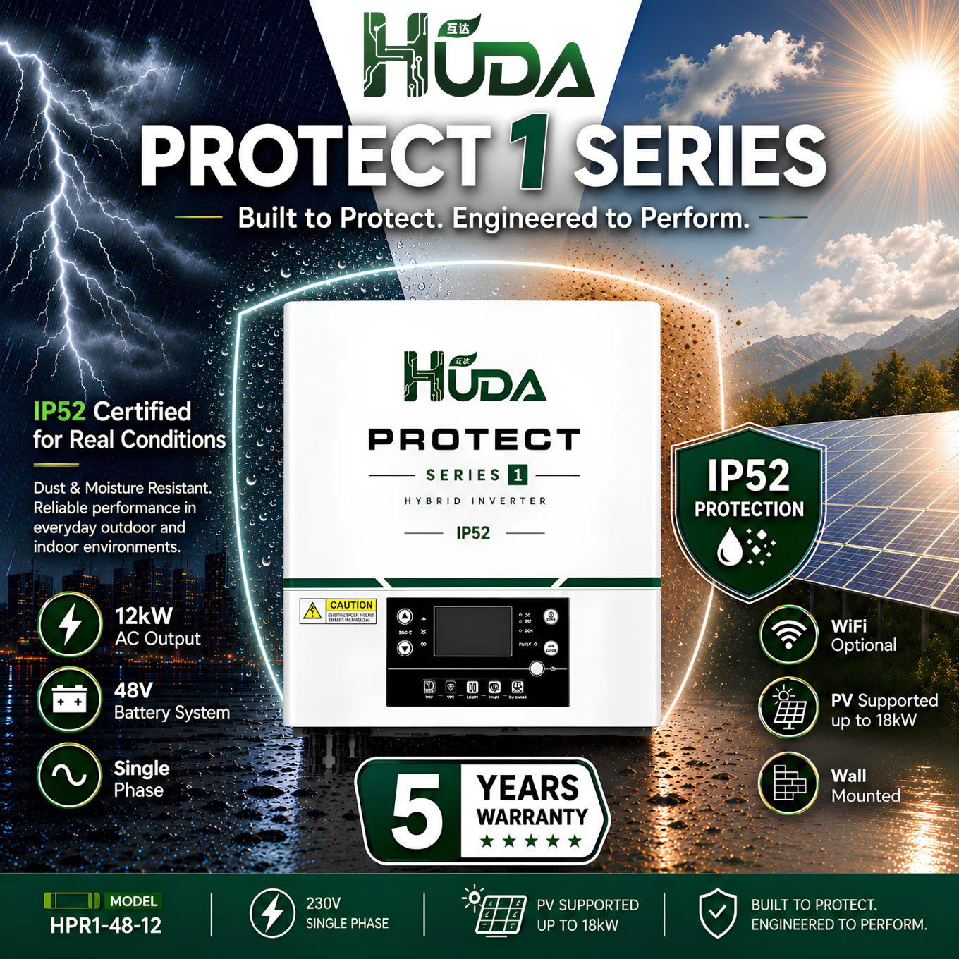 HUDA HPR1-48-12 12KW 12V Hybrid Solar inverter Home off-grid photovoltaic integrated machine with built-in 50A MPPT controller Application Scenario