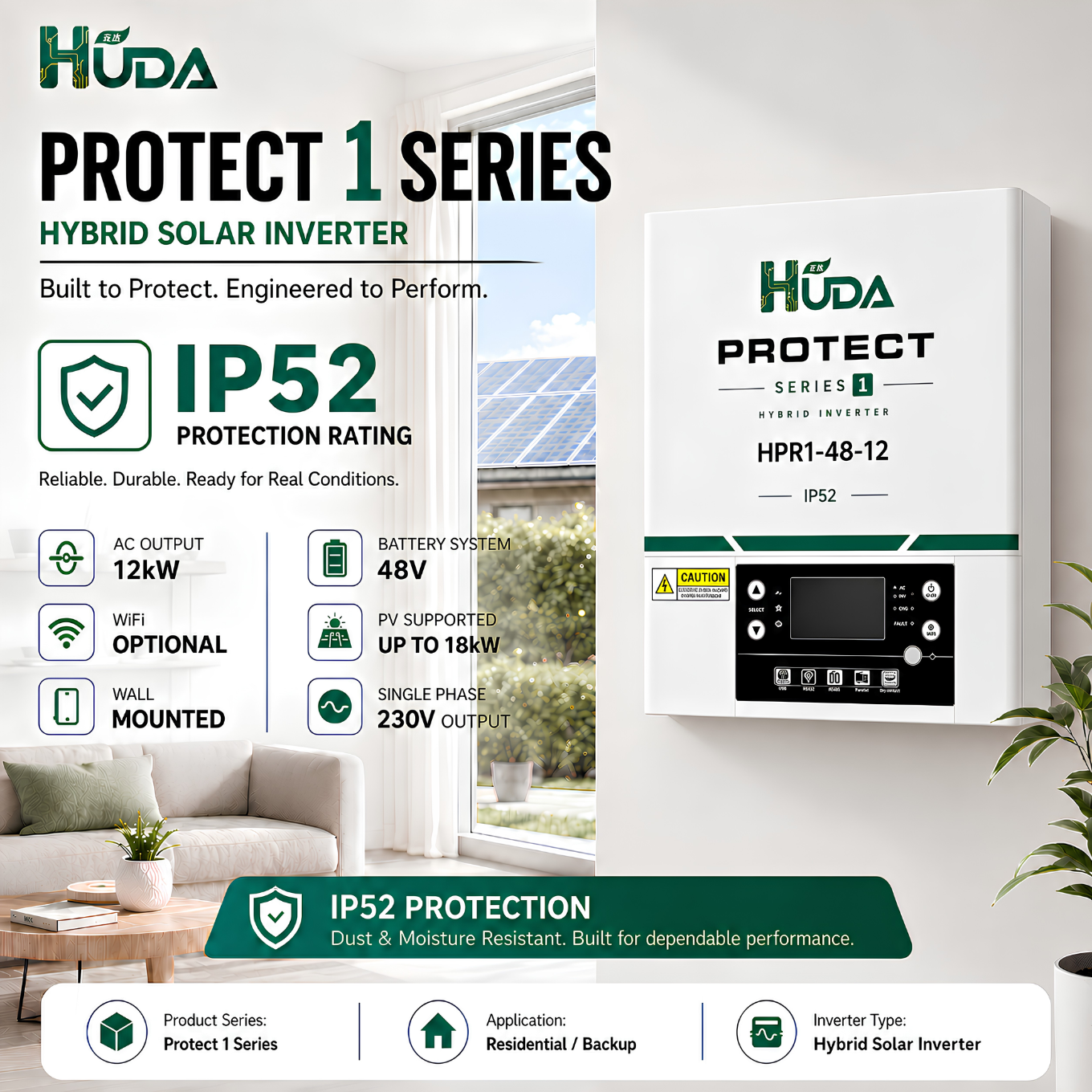 HUDA HPR1-48-12 12KW 12V Hybrid Solar inverter Home off-grid photovoltaic integrated machine with built-in 50A MPPT controller Specification image