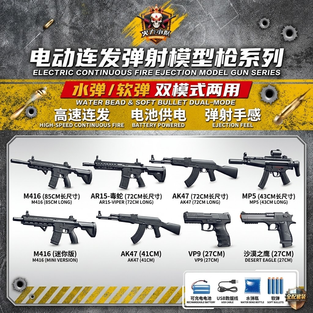 Toy gun tactical style, multiple model guns, water bullet toys, equipped with rechargeable batteries, USB cables, soft bullet elements