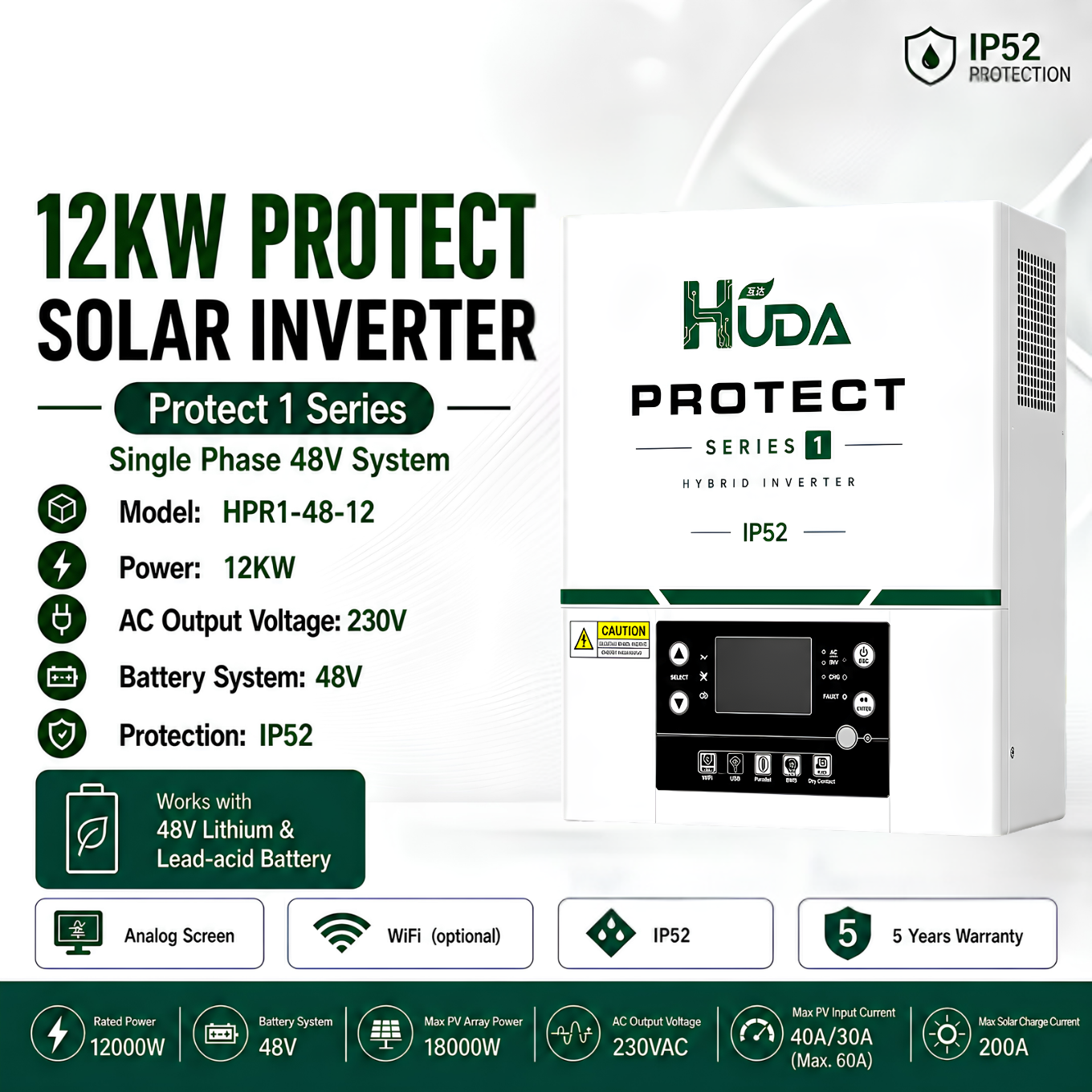 HUDA HPR1-48-12 12KW 12V Hybrid Solar inverter Home off-grid photovoltaic integrated machine with built-in 50A MPPT controller Item Picture