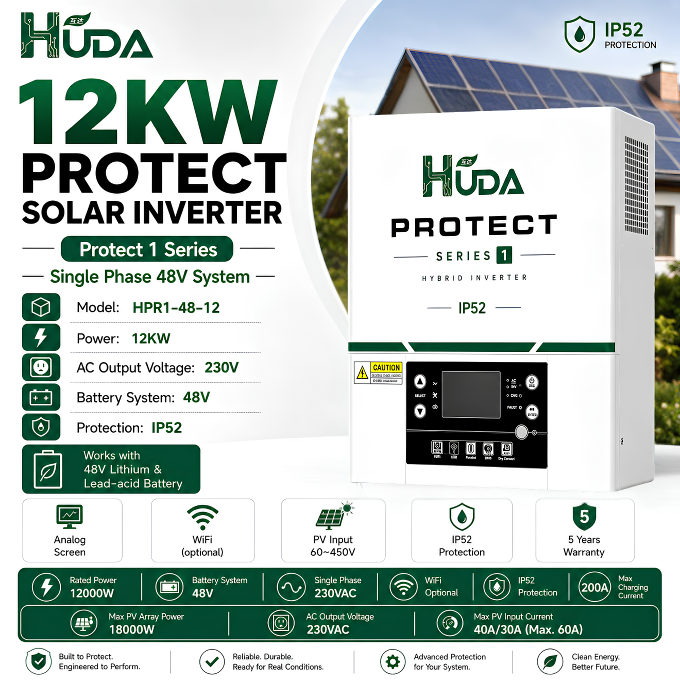HUDA HPR1-48-12 12KW 12V Hybrid Solar inverter Home off-grid photovoltaic integrated machine with built-in 50A MPPT controller details Picture