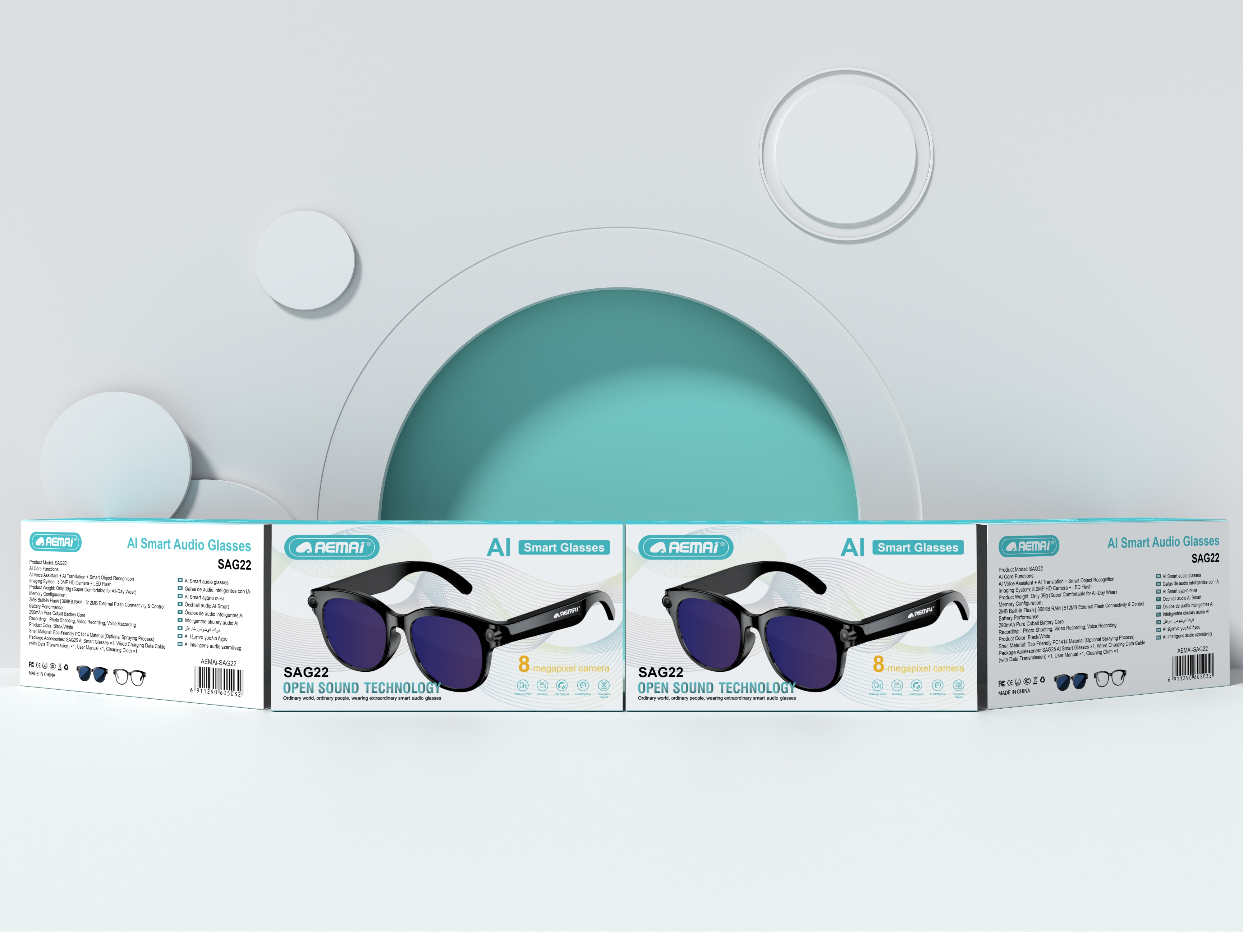 The AEMAi-SAG22 multi-functional smart translation glasses feature AI voice recognition and high-definition display, and are compatible with multiple devices for video shooting