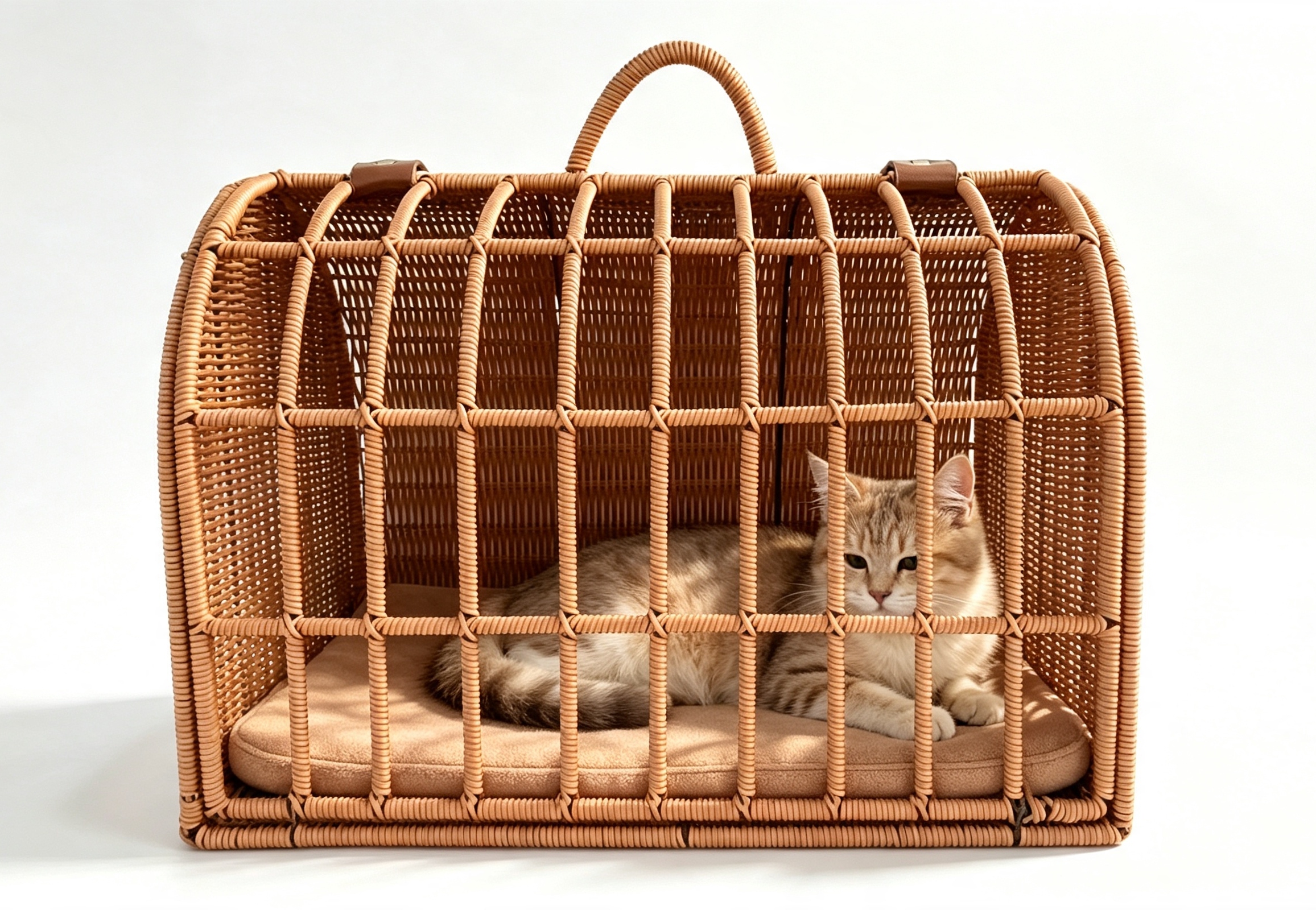 Brown rubber rattan woven drum-shaped box-shaped door pet bed with beige pad, rattan woven cat and dog beds, pet supplies, cat beds, dog beds, pet beds, cat cages, pet houses, pet travel bags Application Scenario