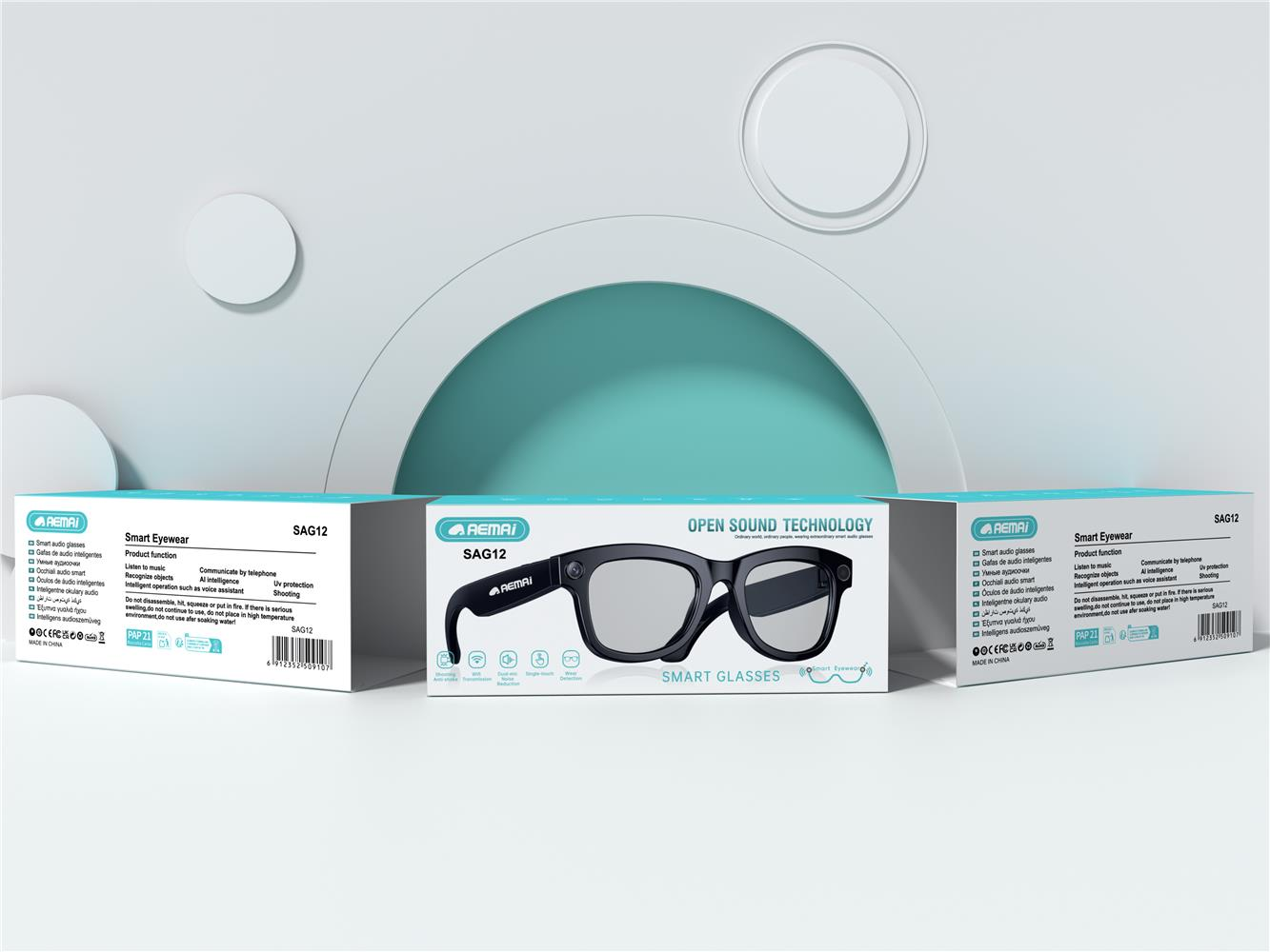 The AEMAi-SAG12 multi-functional smart translation glasses feature AI voice recognition and are compatible with multiple devices with cameras