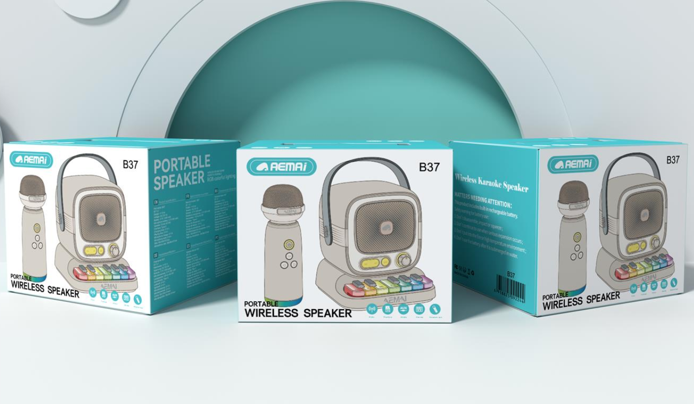 The B37 portable Bluetooth speaker features an orange handle, colorful light strips, front control buttons, a speaker grille, a USB interface on the side, and a TF card slot. It supports Bluetooth K12 models