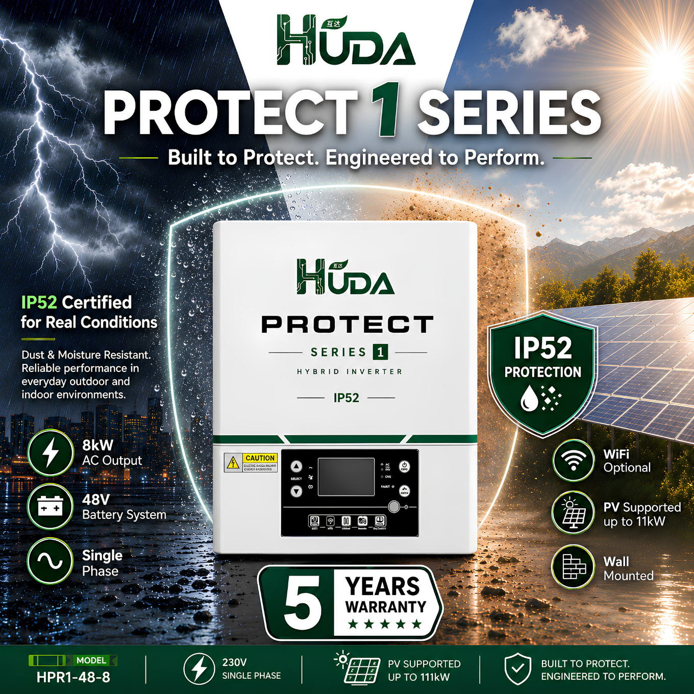 HUDA HPR1-48-8 8KW 48V Hybrid Solar inverter Home off-grid photovoltaic integrated machine with built-in 75A MPPT controller Application Scenario