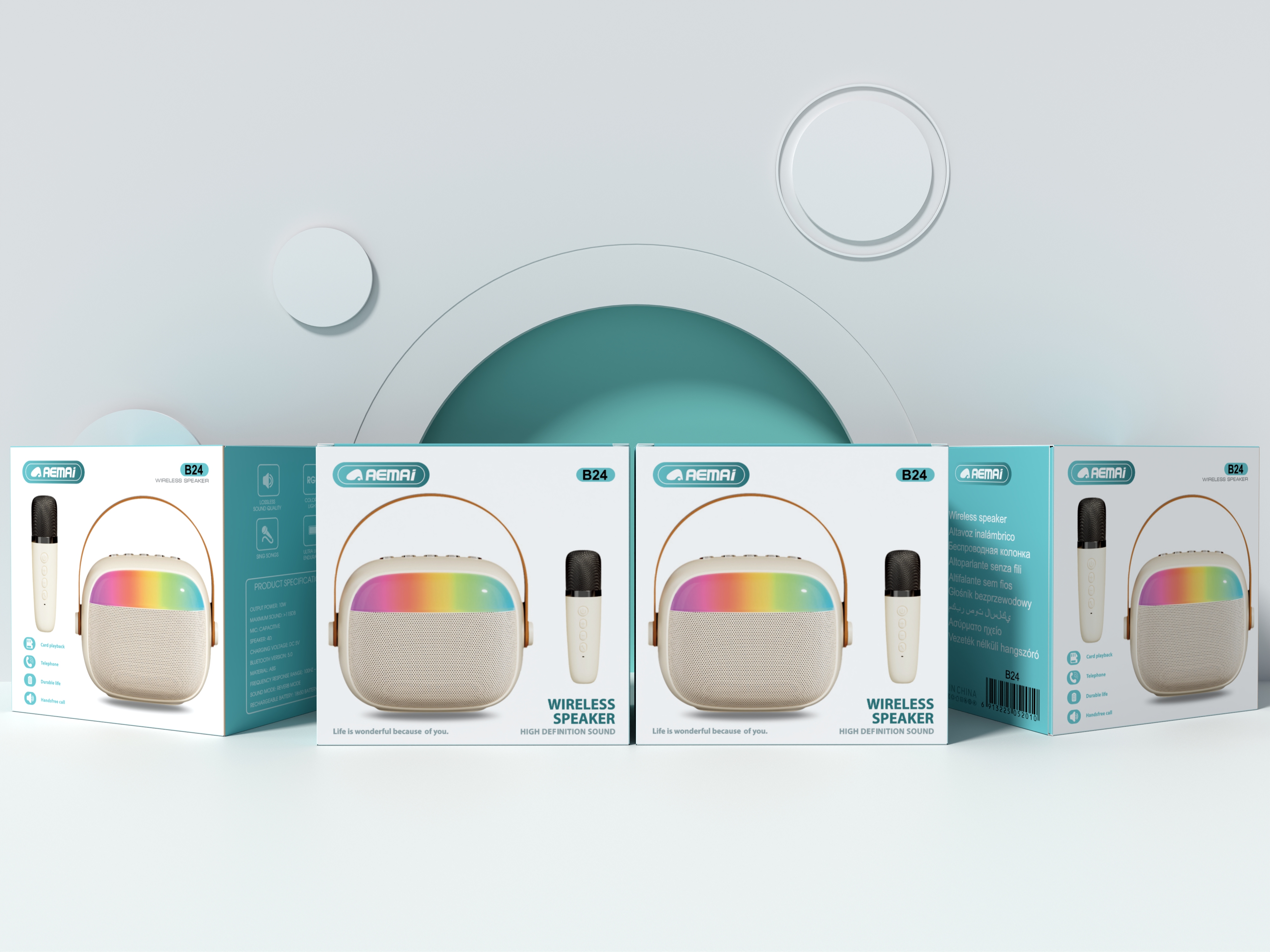 The B24 portable Bluetooth speaker features an orange handle, colorful light strips, front control buttons, a speaker grille, a USB interface on the side, and a TF card slot. It supports Bluetooth K12 models