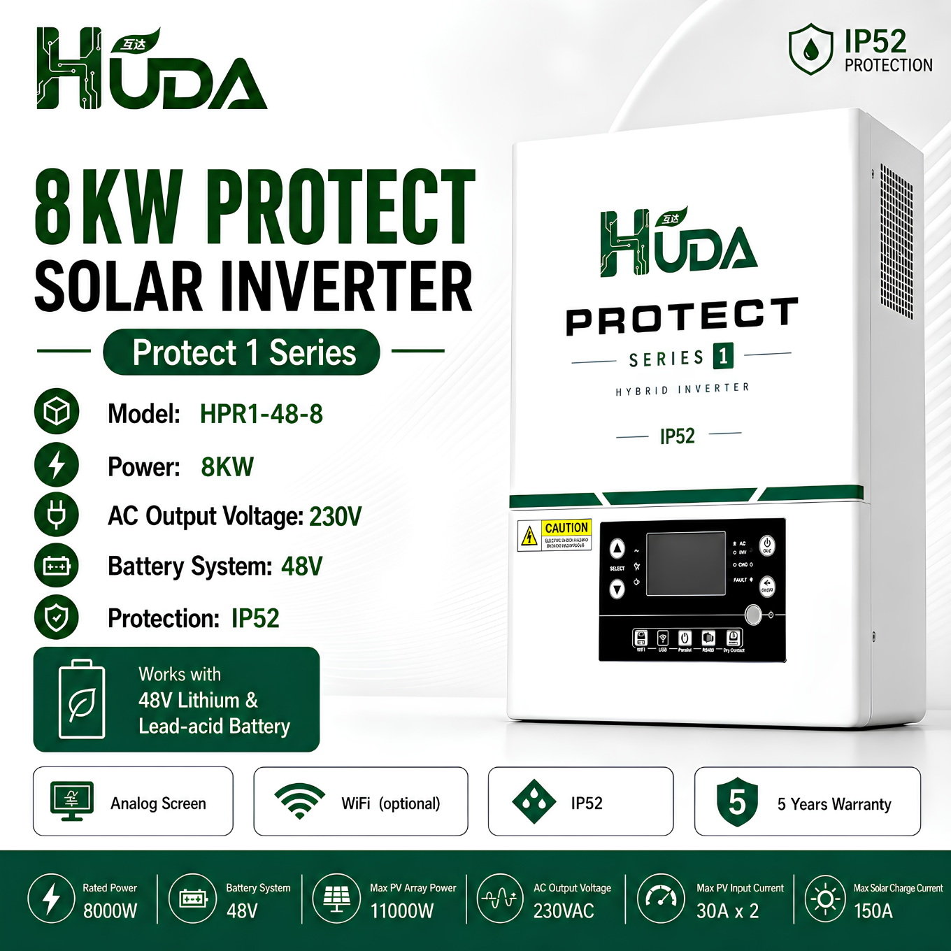 HUDA HPR1-48-8 8KW 48V Hybrid Solar inverter Home off-grid photovoltaic integrated machine with built-in 75A MPPT controller Specification image